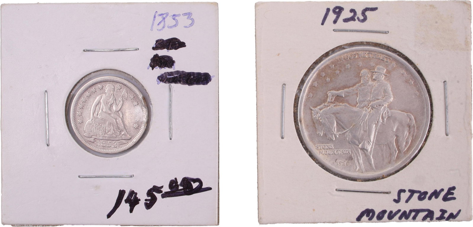 US 1925 Stone Mountain Half Dollar & 1853 Dime: Lot of two (2) US silver coins. Includes 1925 Stone Mountain Memorial commemorative silver half dollar and 1853 Seated Liberty Silver Dime (Arrows at Date). Metal: Silver Country of Origin: US Year Mi