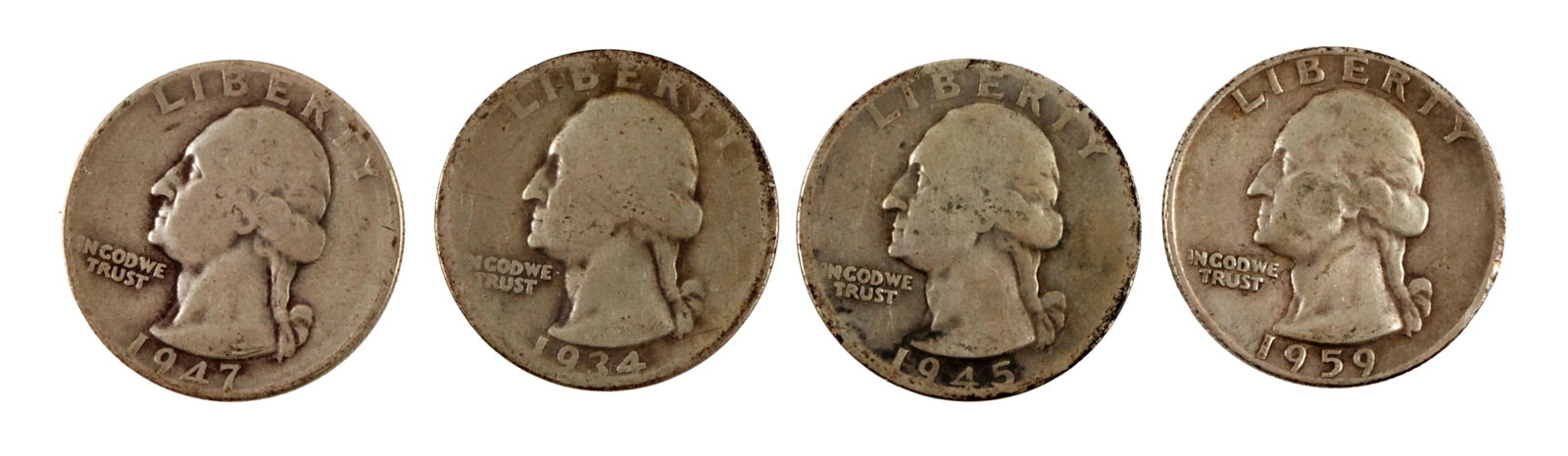$1 Face Value 90% Silver US Quarters Lot of 4: Four 90% silver US quarters, featuring years 1945, 1947, 1959, and 1934. | This lot has a reserve.