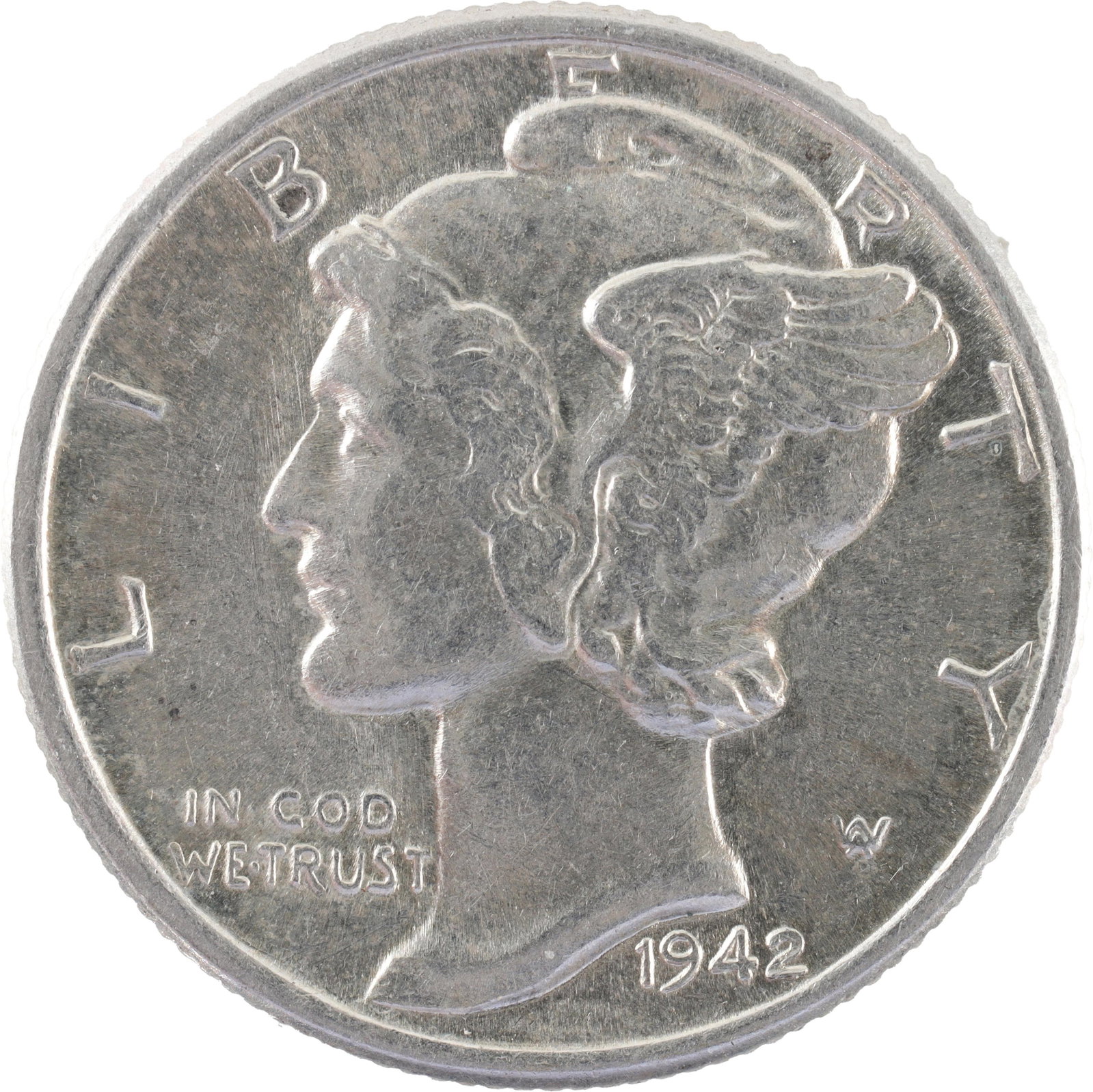 1942 Mint Condition Mercury Dime 90% Silver Coin: A silver Mercury dime, 90% silver in construction. Minted 1942; lacks mint mark, indicating it was minted in Philadelphia. Weighs 2.25 grams. Metal: Silver Country of Origin: United States Year Minted