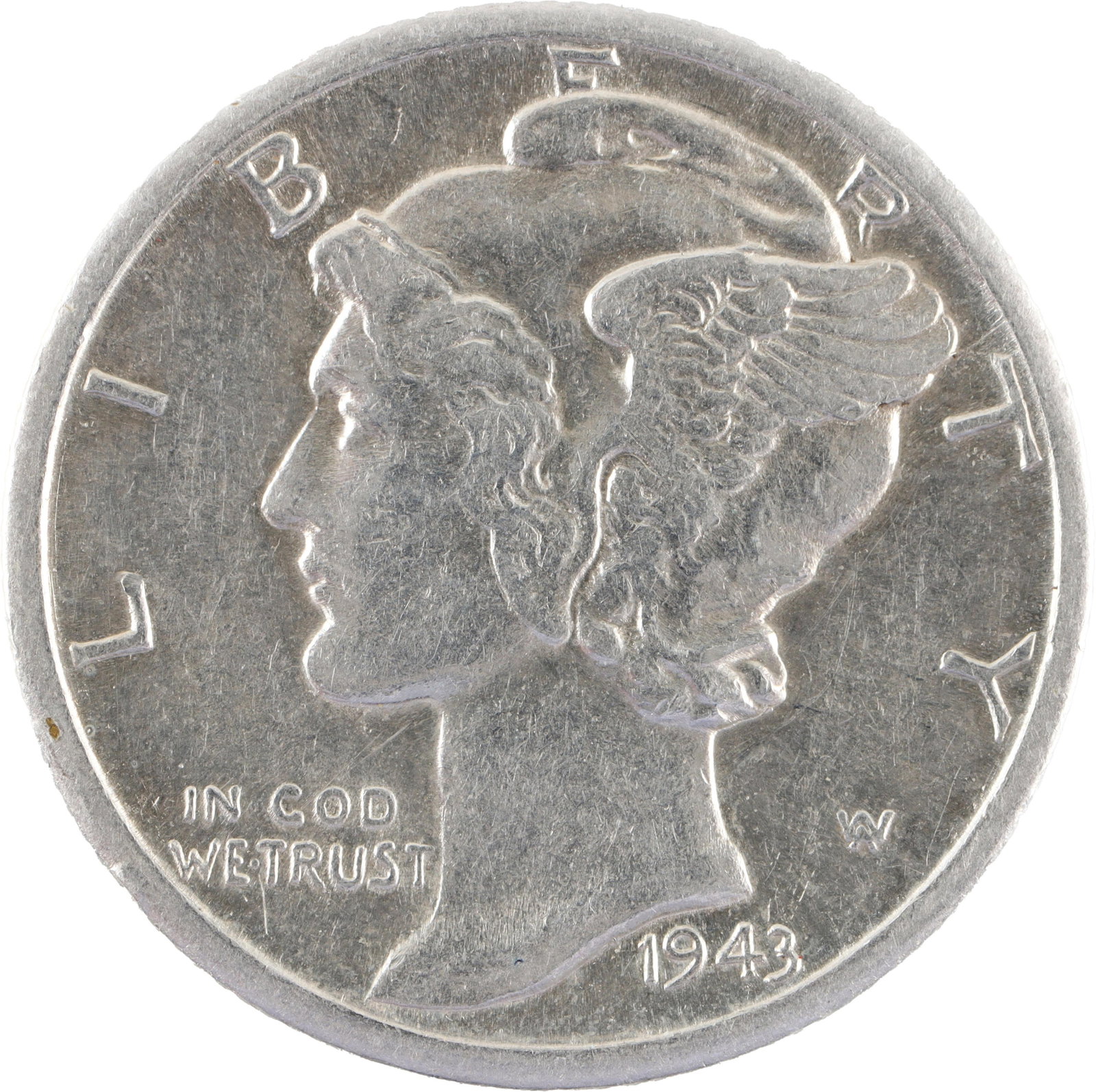 1943 Mint Condition Mercury Dime 90% Silver Coin: A silver Mercury dime, 90% silver in construction. Minted 1943; mint mark 'D' on reverse side indicates it was minted in Denver. Weighs 2.25 grams. Metal: Silver Country of Origin: United States Year 