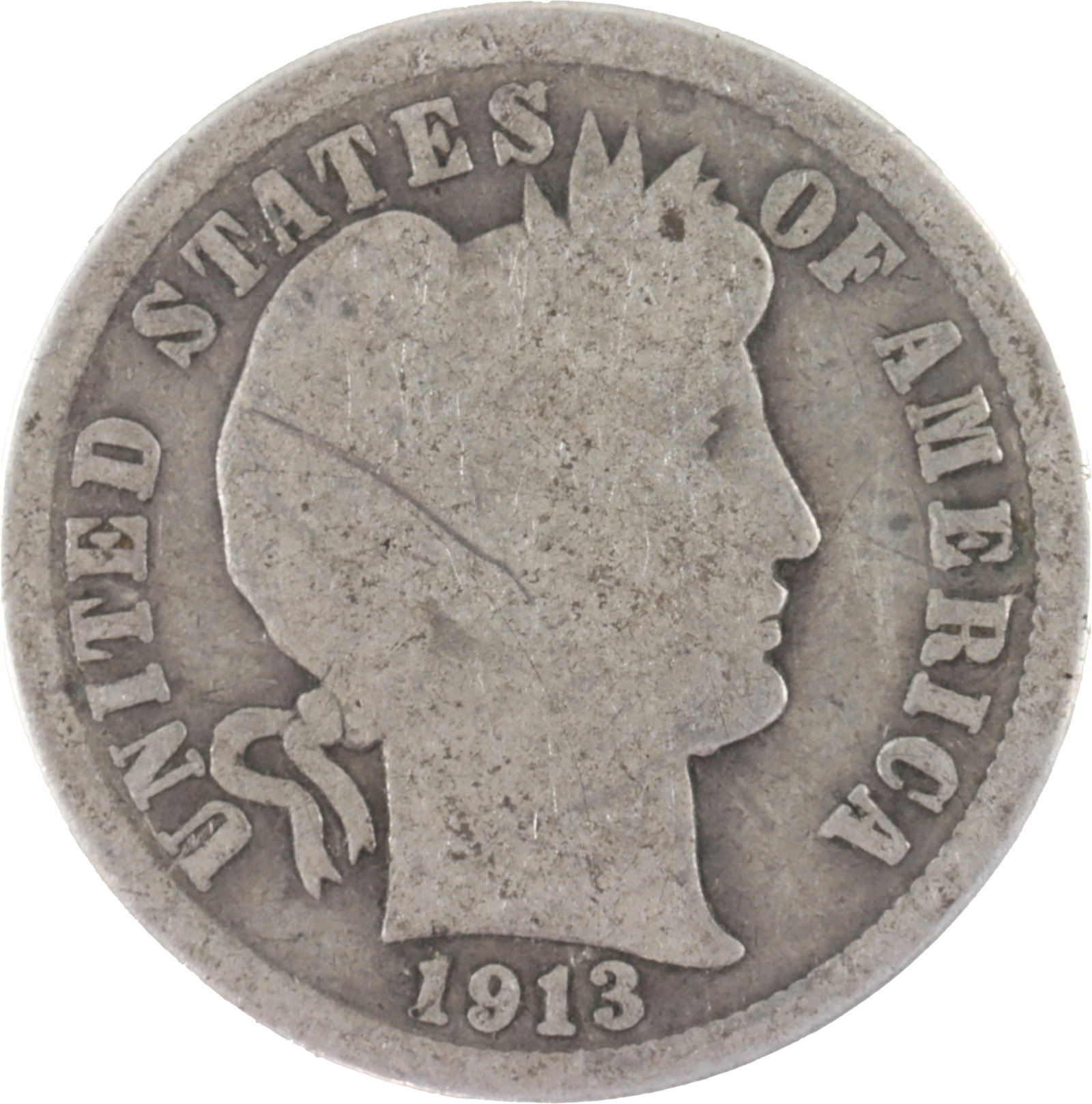 1913 Barber Dime 90% Silver Coin: A vintage silver Barber dime, minted in 1913. Lack of mint mark indicates Philadelphia mint. Construction is 90% silver, 10% copper; weighs 2.25 grams. Metal: Silver Country of Origin: United States Y