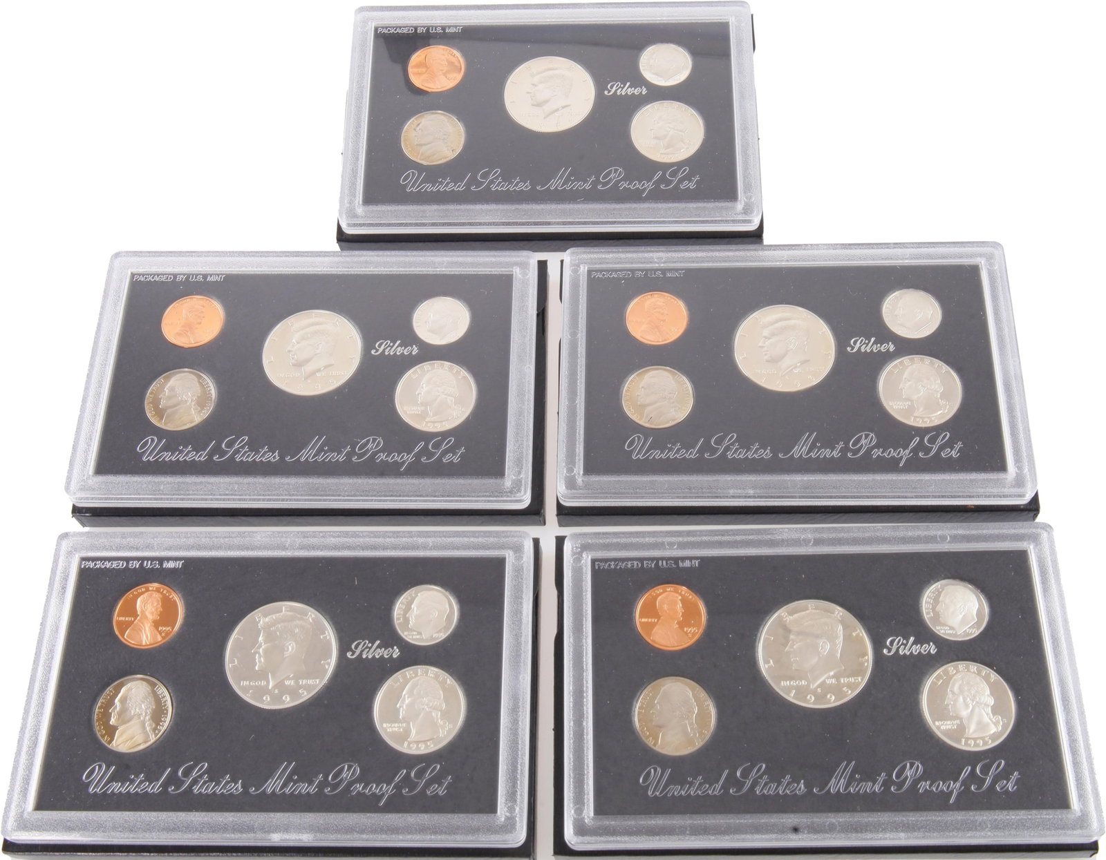 Five (5) 1995 US Silver Coin Proof Set in Box: Five (5) Silver Proof Set 1995. Comes in mint box. Includes Lincoln Penny, Roosevelt Dime, Jefferson Nickel, Washington Quarter, and Kennedy Half Dollar. Metal: Silver and Base Country of Origin: USA 