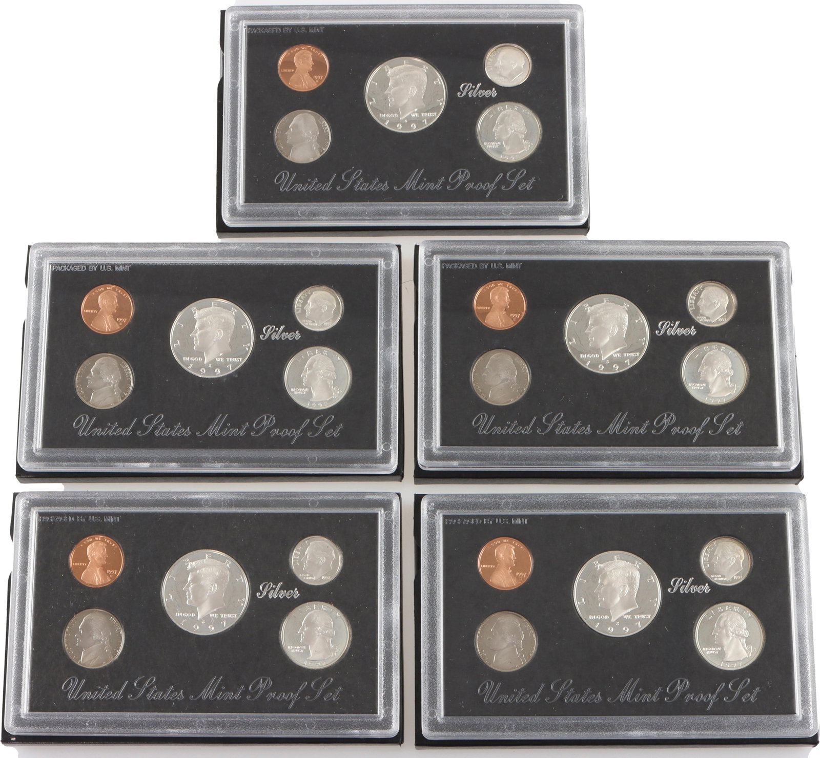 Five (5) 1997 US Silver Coin Proof Set in Box: Five (5) Silver Proof Set 1997. Comes in mint box. Includes Lincoln Penny, Roosevelt Dime, Jefferson Nickel, Washington Quarter, and Kennedy Half Dollar. Metal: Silver and Base Country of Origin: USA 