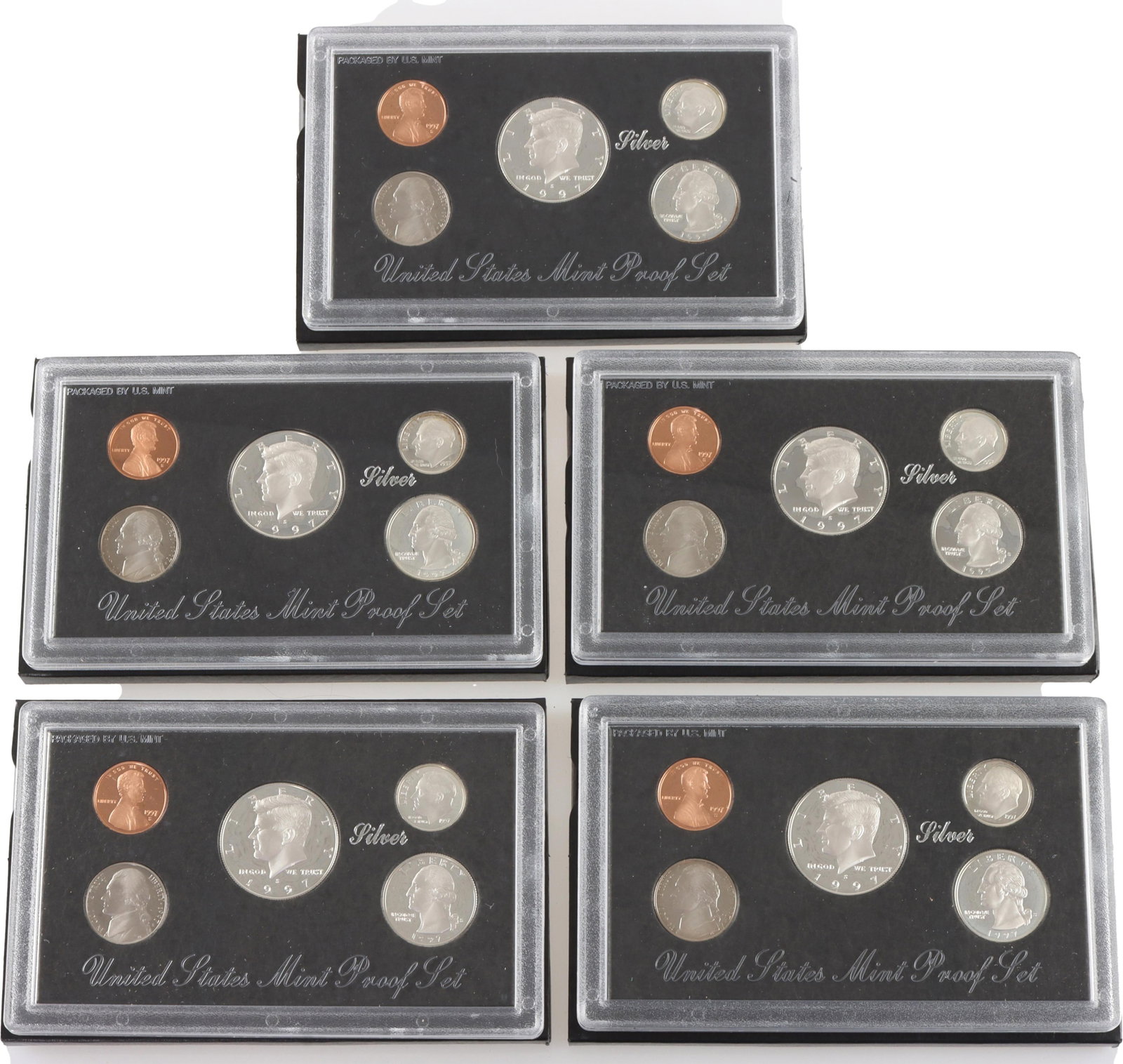 Five (5) 1997 US Silver Coin Proof Set in Box: Five (5) Silver Proof Set 1997. Comes in mint box. Includes Lincoln Penny, Roosevelt Dime, Jefferson Nickel, Washington Quarter, and Kennedy Half Dollar. Metal: Silver and Base Country of Origin: USA 