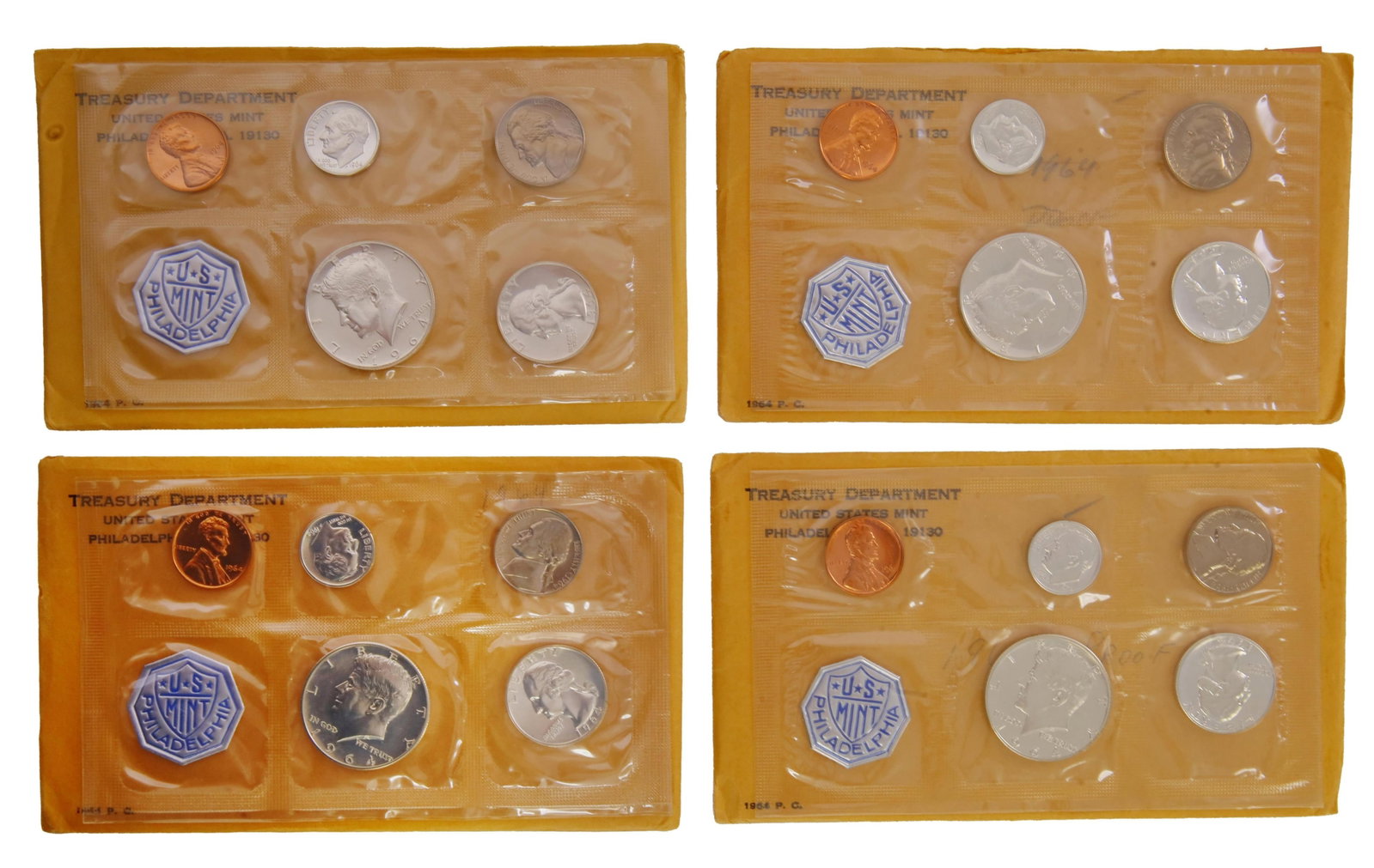1964 US Mint 90% Silver Proof Set Coins Lot of 4: Lot of four (4) 1964 mint proof sets. Philadelphia mint. Comes with Treasury Department envelope. Metal: Silver Country of Origin: USA Year Minted: 1964.