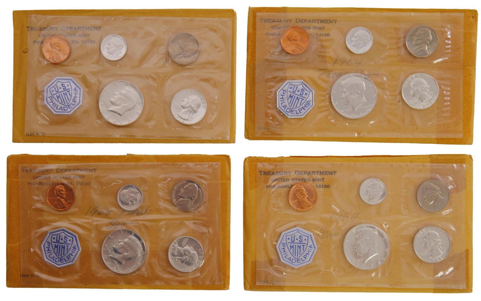 1964 US Mint 90% Silver Proof Set Coins Lot of 4: Lot of four (4) 1964 mint proof sets. Philadelphia mint. Comes with Treasury Department envelope. Metal: Silver Country of Origin: USA Year Minted: 1964.