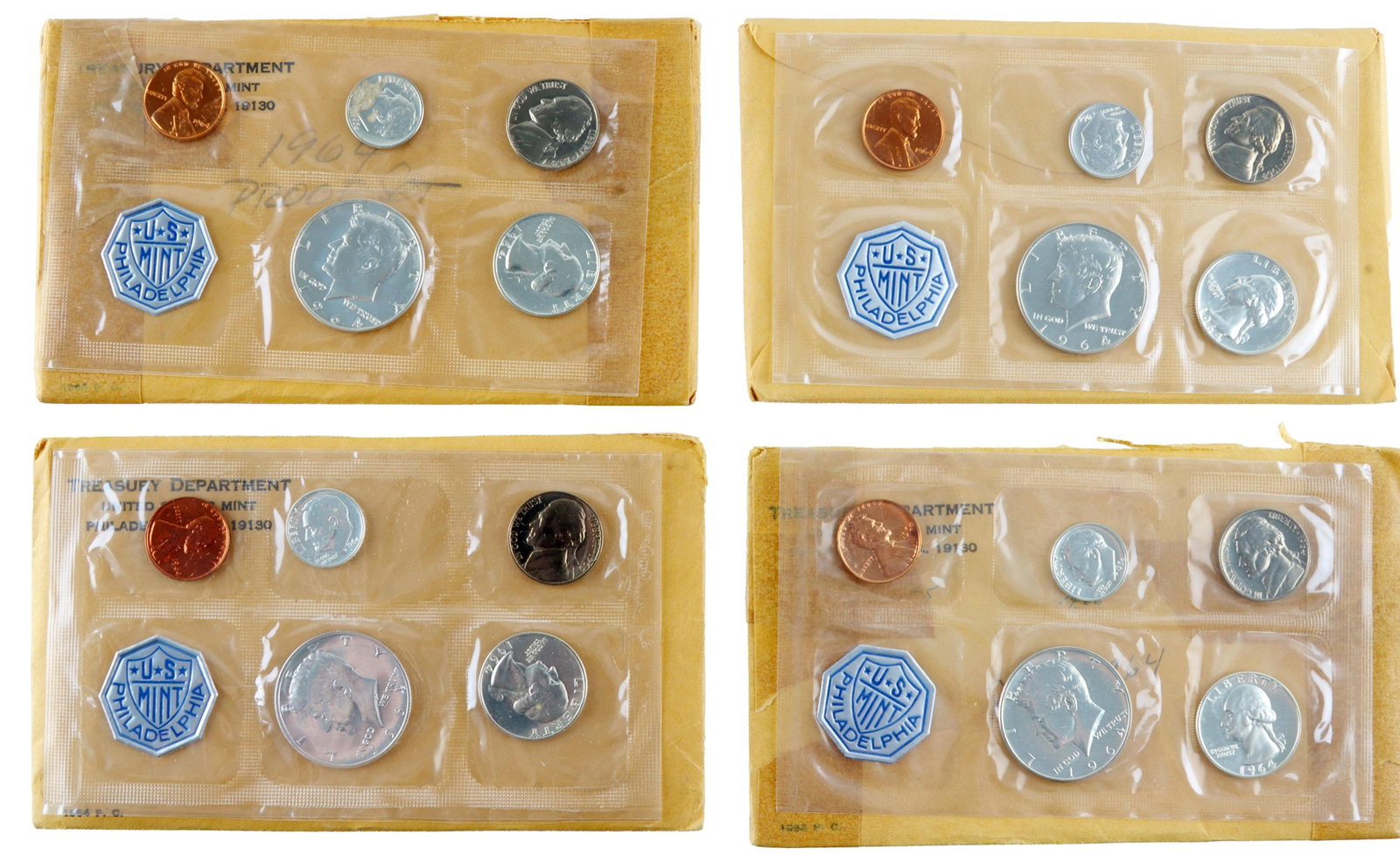1964 US Mint 90% Silver Proof Set Coins Lot of 4: Lot of four (4) 1964 mint proof sets. Philadelphia mint. Comes with Treasury Department envelope. Metal: Silver Country of Origin: USA Year Minted: 1964.