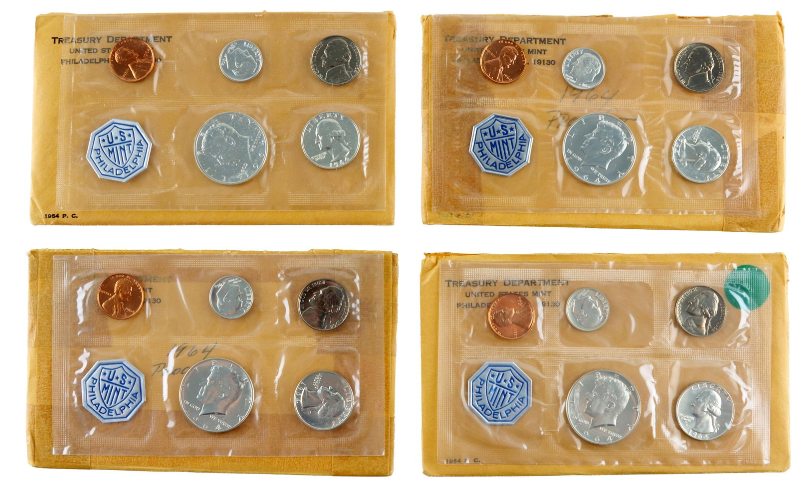 1964 US Mint 90% Silver Proof Set Coins Lot of 4: Lot of four (4) 1964 mint proof sets. Philadelphia mint. Comes with Treasury Department envelope. Metal: Silver Country of Origin: USA Year Minted: 1964.