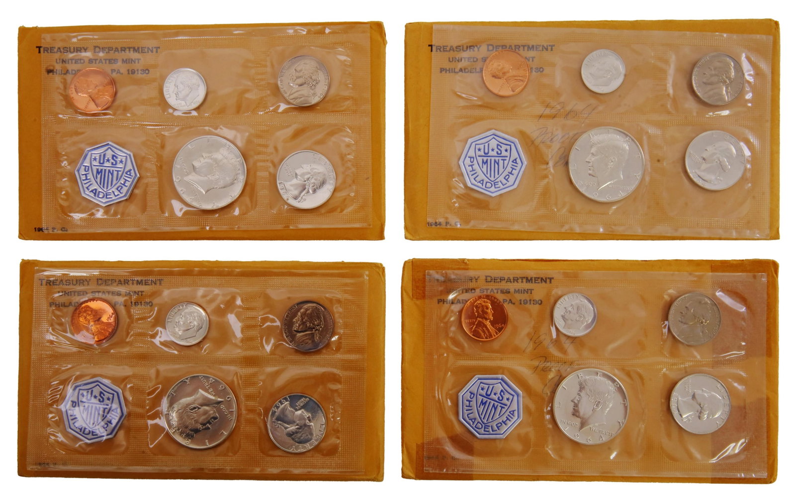1964 US Mint 90% Silver Proof Set Coins Lot of 4: Lot of four (4) 1964 mint proof sets. Philadelphia mint. Comes with Treasury Department envelope. Metal: Silver Country of Origin: USA Year Minted: 1964.