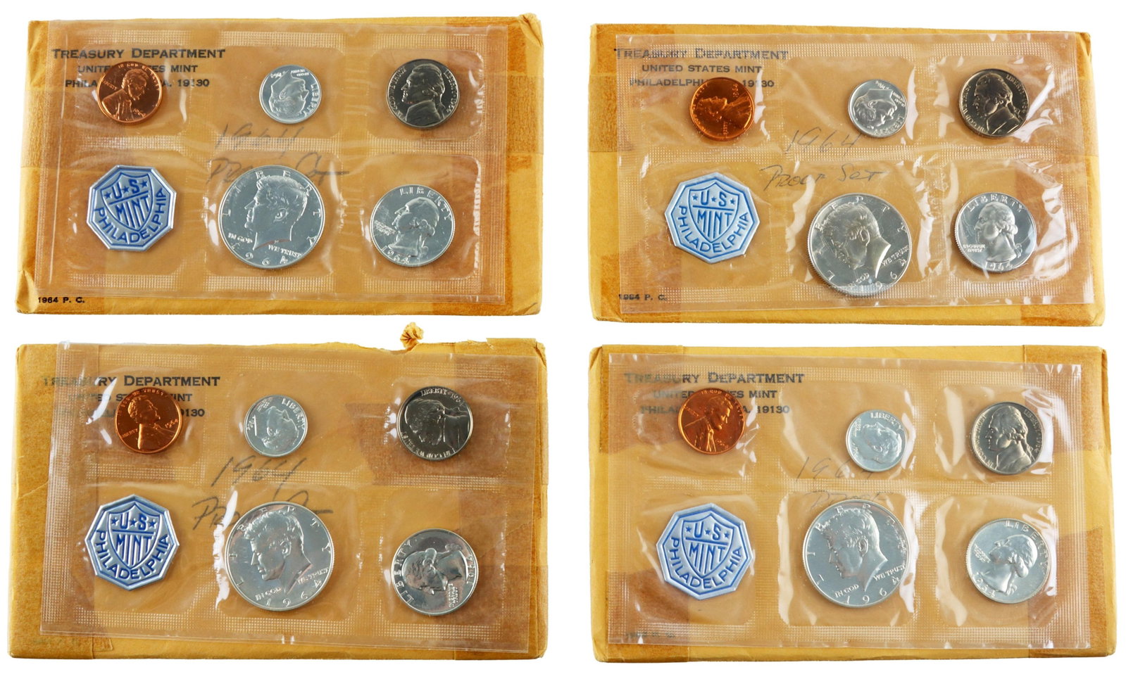 1964 US Mint 90% Silver Proof Set Coins Lot of 4: Lot of four (4) 1964 mint proof sets. Philadelphia mint. Comes with Treasury Department envelope. Metal: Silver Country of Origin: USA Year Minted: 1964.