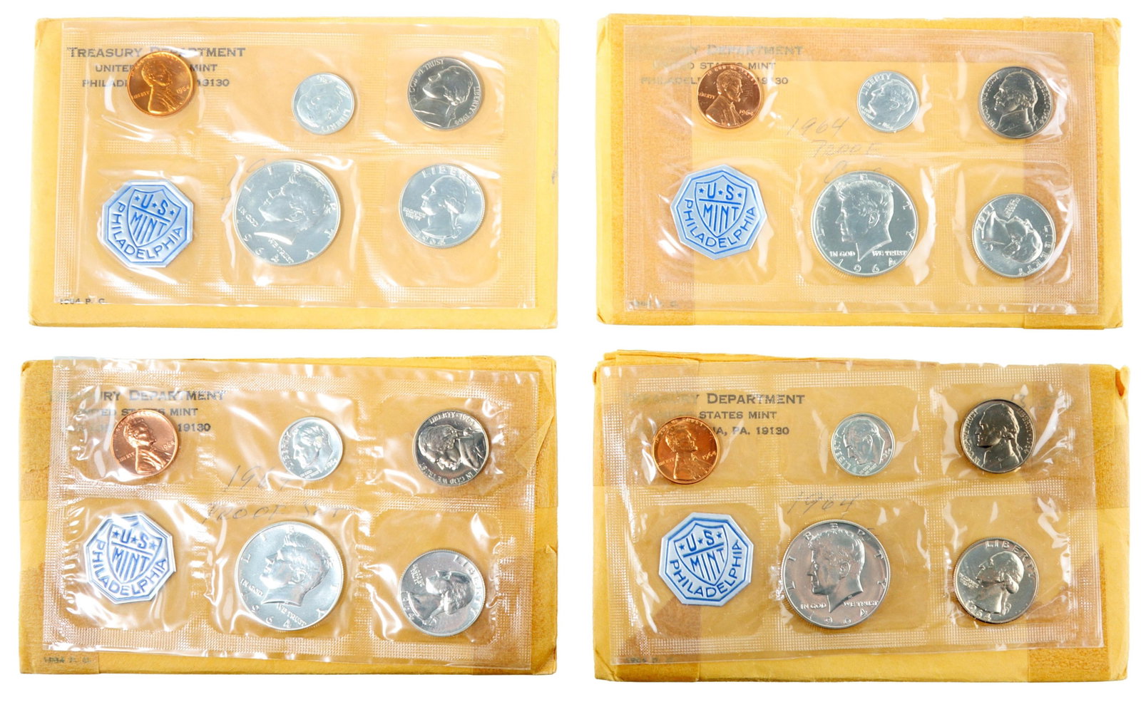 1964 US Mint 90% Silver Proof Set Coins Lot of 4: Lot of four (4) 1964 mint proof sets. Philadelphia mint. Comes with Treasury Department envelope. Metal: Silver Country of Origin: USA Year Minted: 1964.