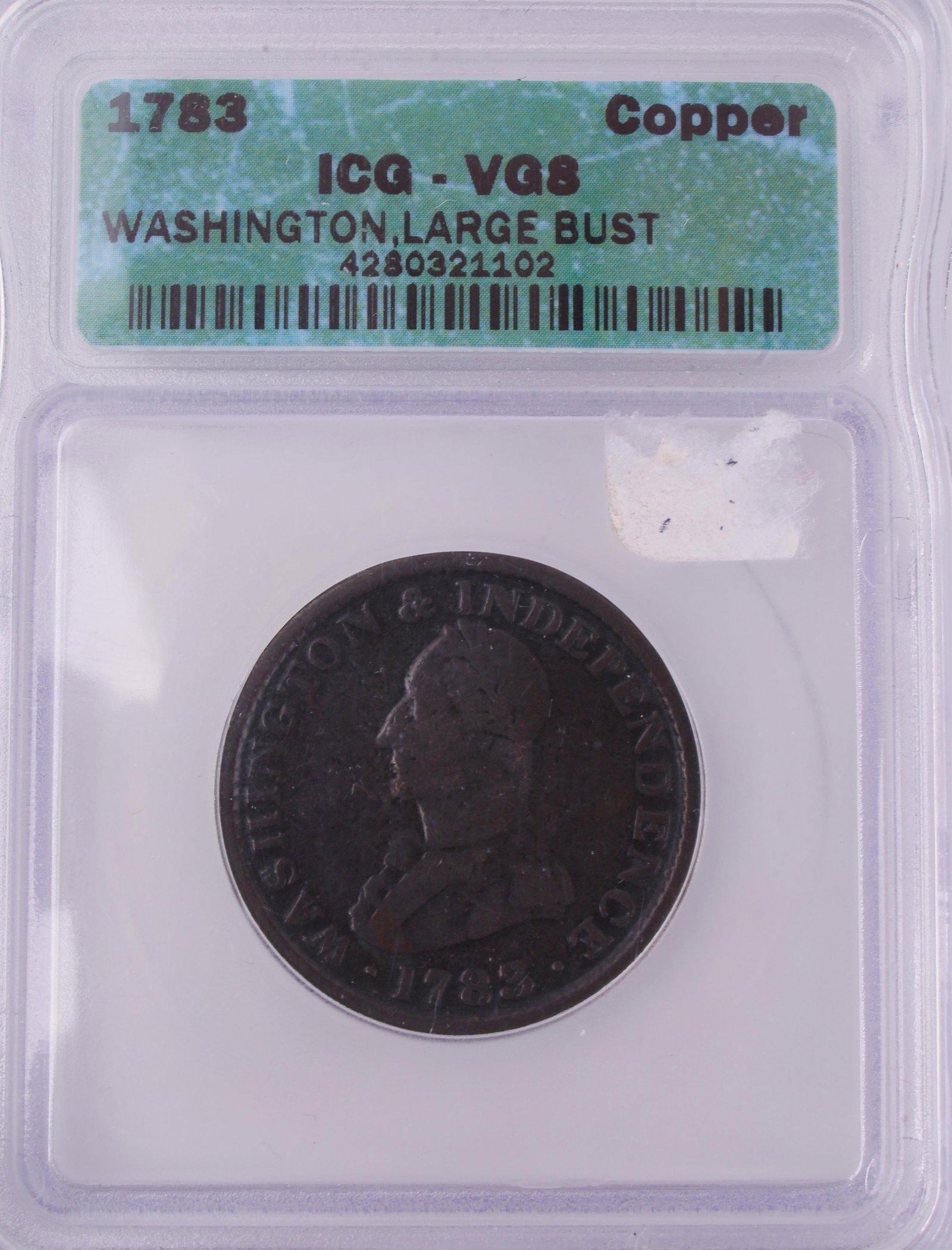1783 Washington Large Bust Copper ICG VG8: United States 1783 Washington & Independence copper token. Large Military Bust variety. Encapsulated and graded VG8 by ICG. Obverse features laureate, draped military bust of George Washington facing 