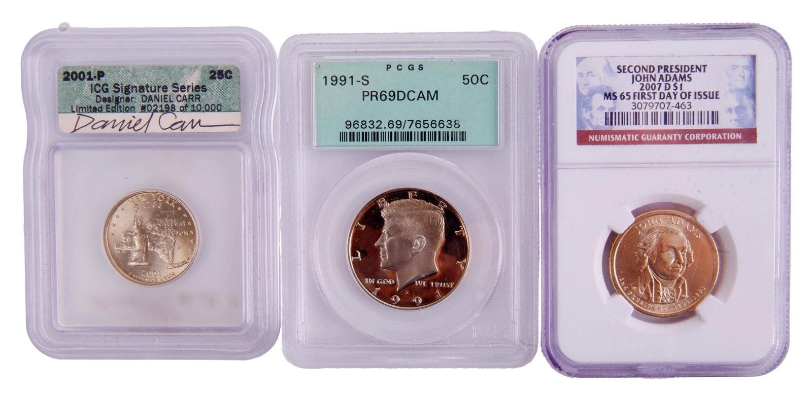 US Graded Collectible Coins Lot of 3: Lot of three (3) pieces. First, John Adams 2007 $1, graded MS 65 by NGC. Second, 1991-S Kennedy Half Dollar, graded Proof-69 by PCGS. Third, 2001-P Daniel Carr ICG signature series quarter. Country of
