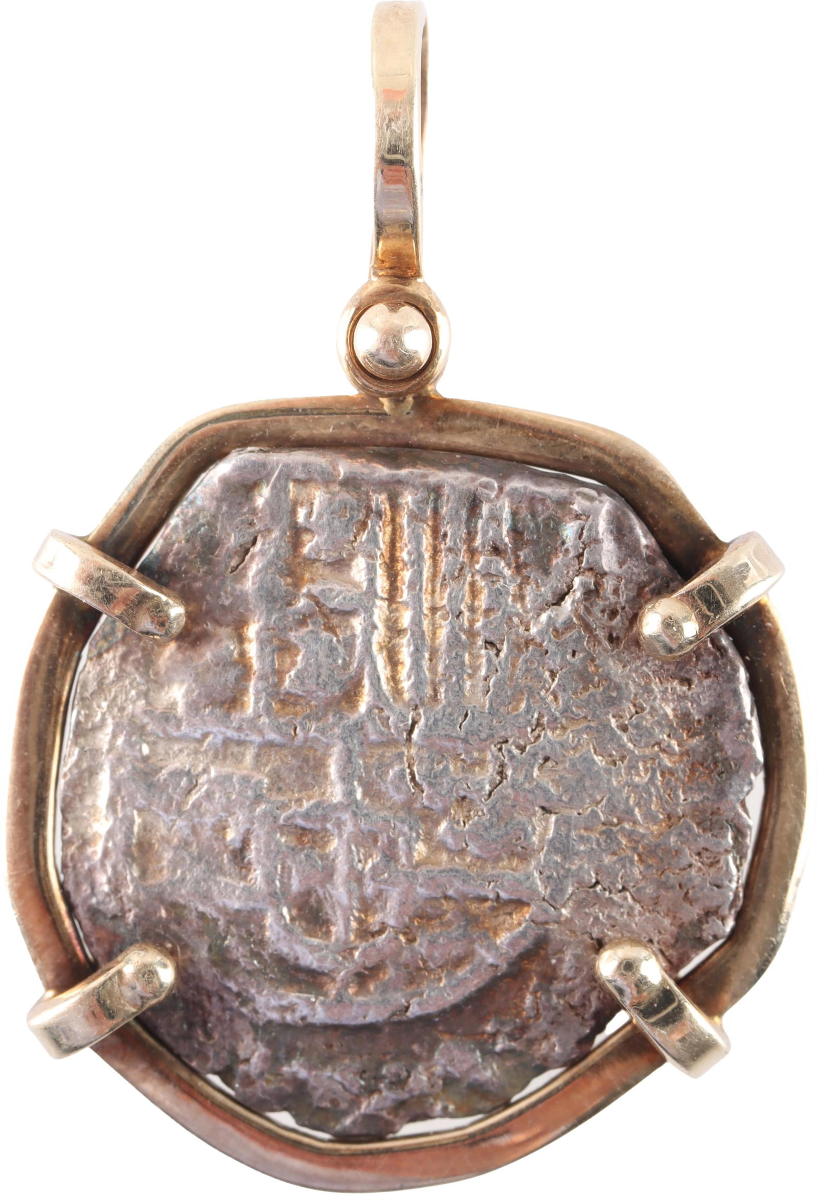 Spanish Reale Piece of 8 Set in Gold Bezel: Spanish Reale piece of 8. It measures 1 3/8 inches in bezel. It weighs 8.2 grams. Metal: Silver Country of Origin: Spain.