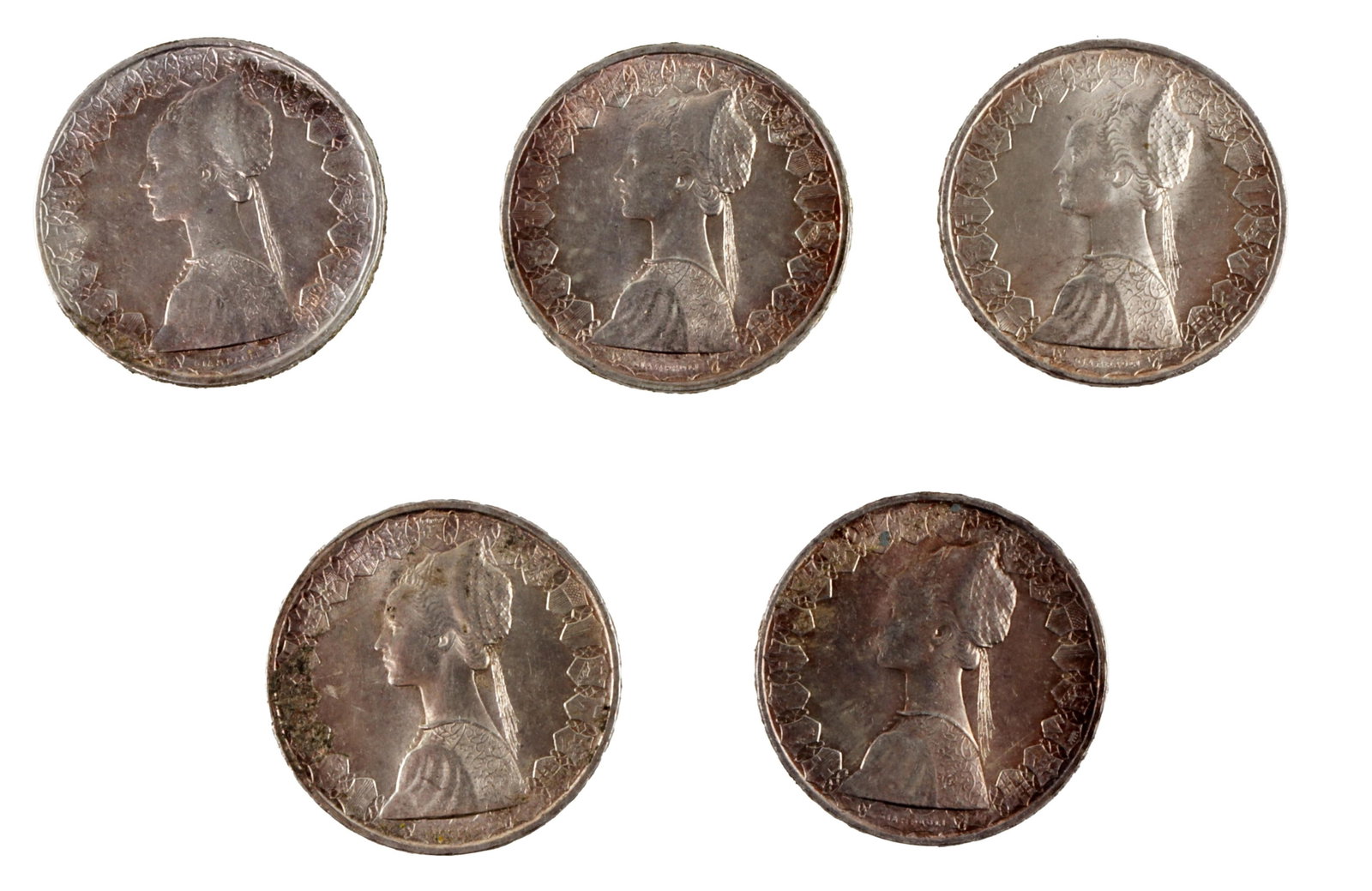 1958 83.5% Silver Italian 500 Lire Coin Lot of 5 (1 of 2)