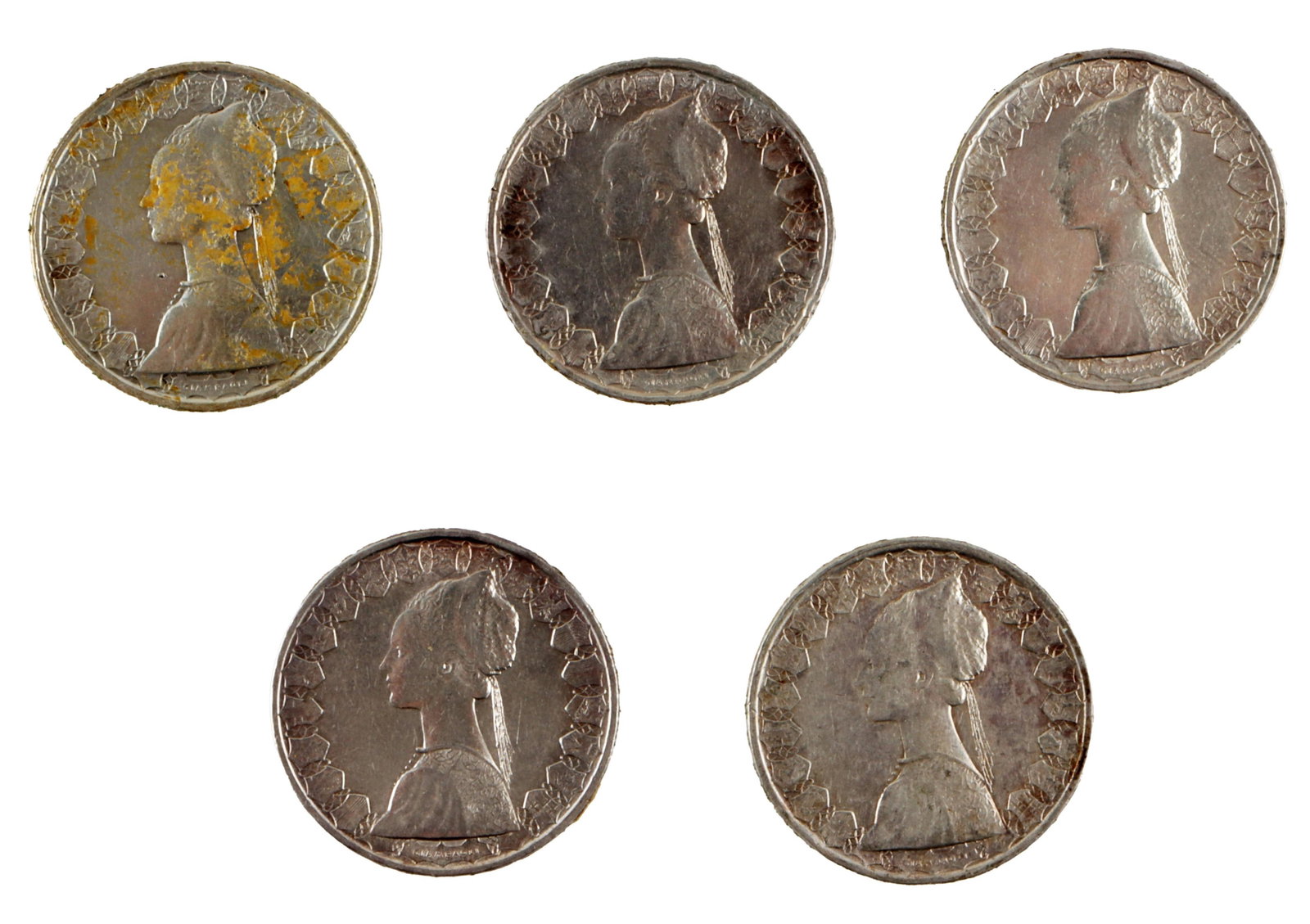 1958 83.5% Silver Italian 500 Lire Coin Lot of 5 (1 of 2)