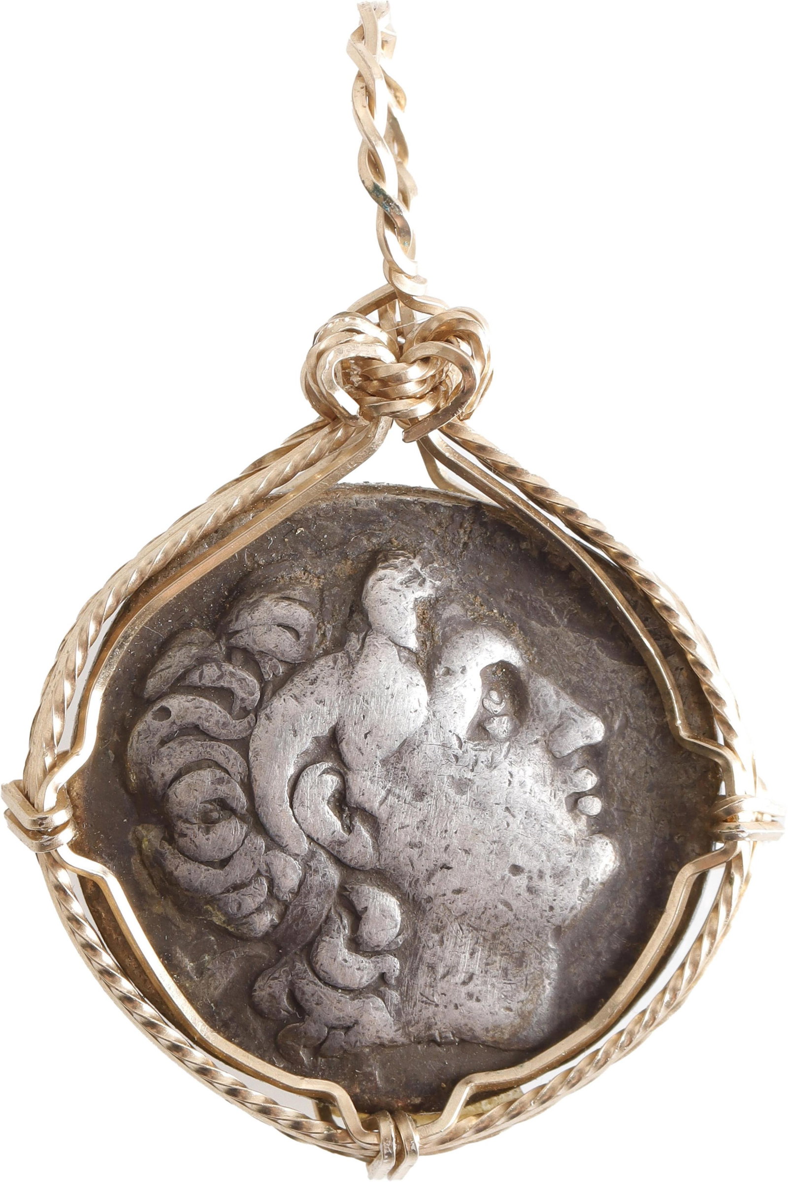Silver Drachm Coin - Lysimachus in Gold Wire Bezel: Gold wire mounted Thracian coin. It measures 1 7/8 inches in bezel. Features diademed head of the deified Alexander the Great facing right with horn of Ammon around his ear. Reverse is Athena Nikephor