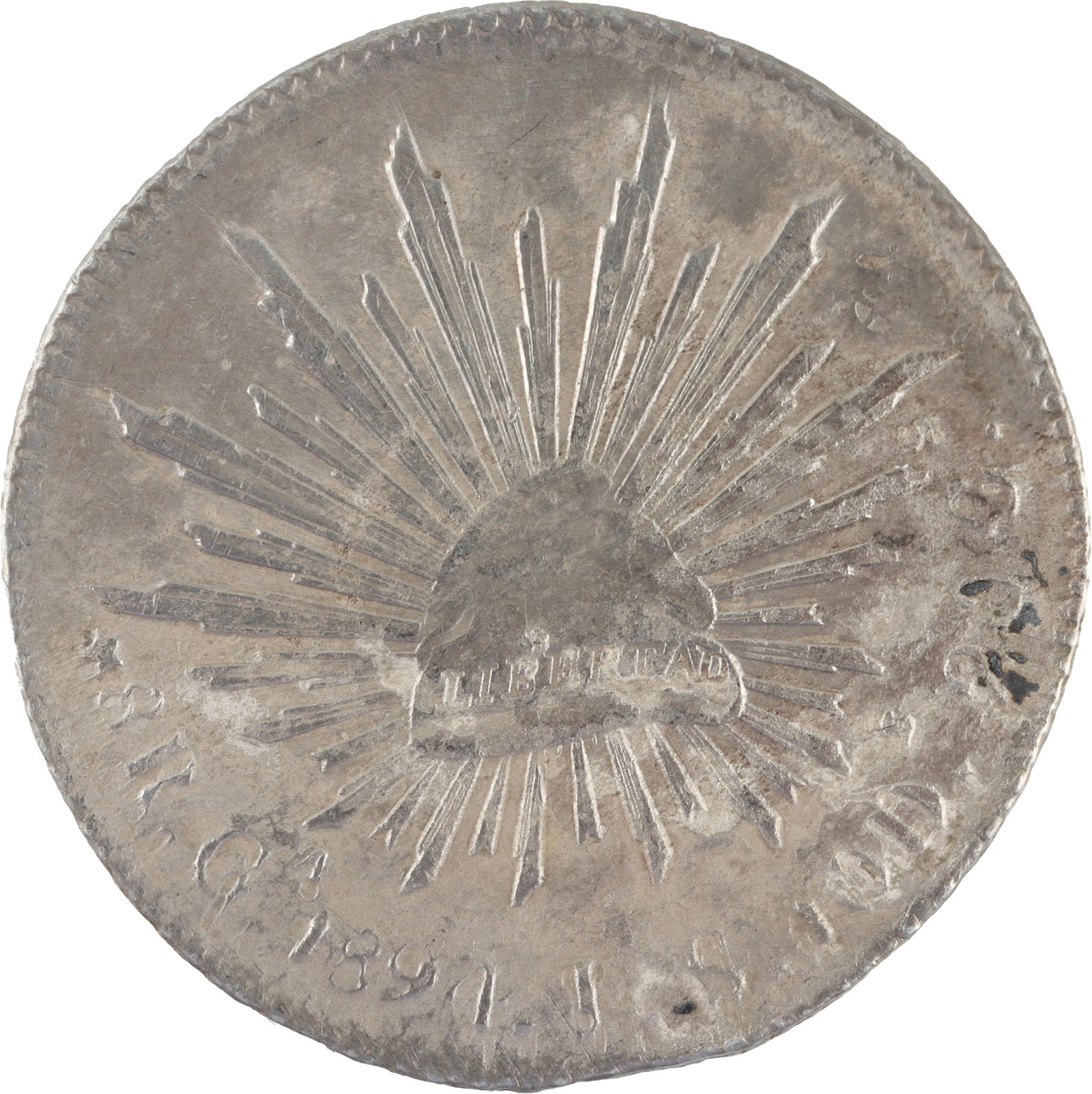 1891 Mexico 8 Reales Guanajuato Silver Coin: 1891 Mexican 8 Reales. Cap & Rays design. 26.3g. 0.903 silver. Features possible shipwreck effect. Metal: Silver Country of Origin: Mexico Year Minted: 1891.