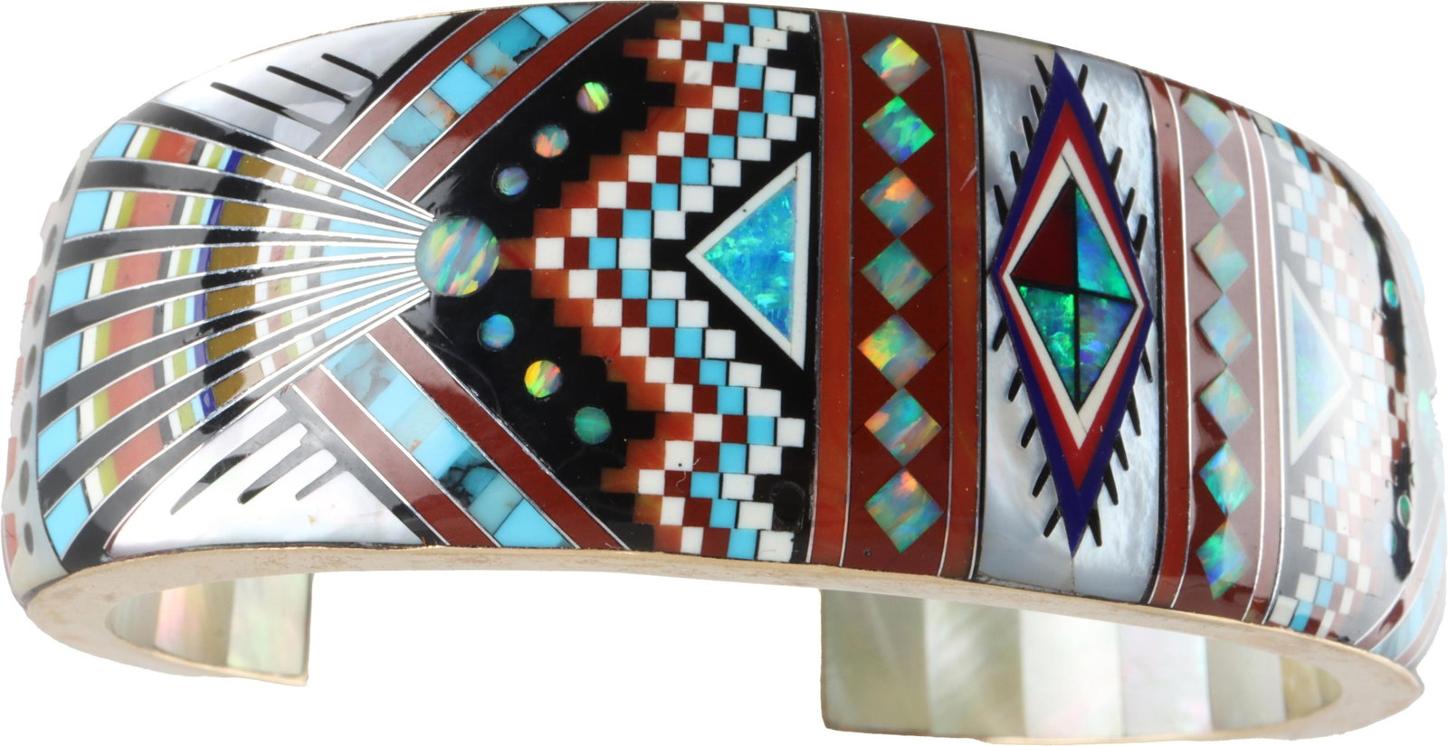 Geometric Southwest Inlay Cuff Glodove 14K Gold: Ronnie and Ramil Glodove artisan geometric pattern cuff. Framework stamped 14K yellow gold and hand-signed 'RRG'. Fully channel-inlaid on both sides with multicolored block-stone geometric composite p