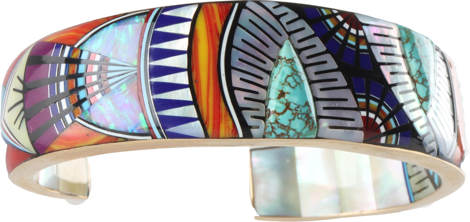 Geometric Southwest Inspired Cuff Glodove 14K Gold: Ronnie and Ramil Glodove artisan geometric pattern cuff after Zuni artists. Framework stamped 14K yellow gold and hand-signed 'RRG'. This design features an external geometric pattern and an interior 