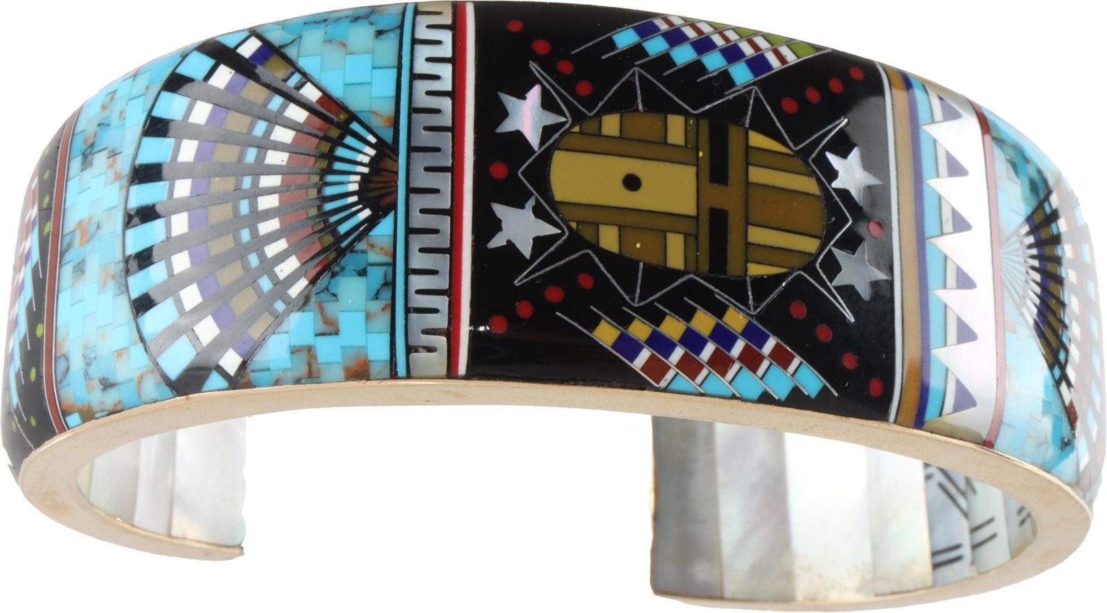 Navajo Inspired Turquoise Cuff Glodove 14K Gold: Ronnie and Ramil Glodove artisan geometric pattern cuff after Zuni artists. Framework stamped 14K yellow gold and hand-signed 'RRG'. This design features a Zuni mask design, among other Southwest patt