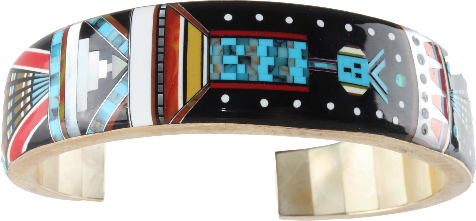Southwest Inspired Cuff Glodove 14K Gold: Ronnie and Ramil Glodove artisan geometric pattern cuff after Zuni artists, showing a strong Southwest influence. Framework stamped 14K yellow gold and hand-signed 'RRG'. This design features a kachin