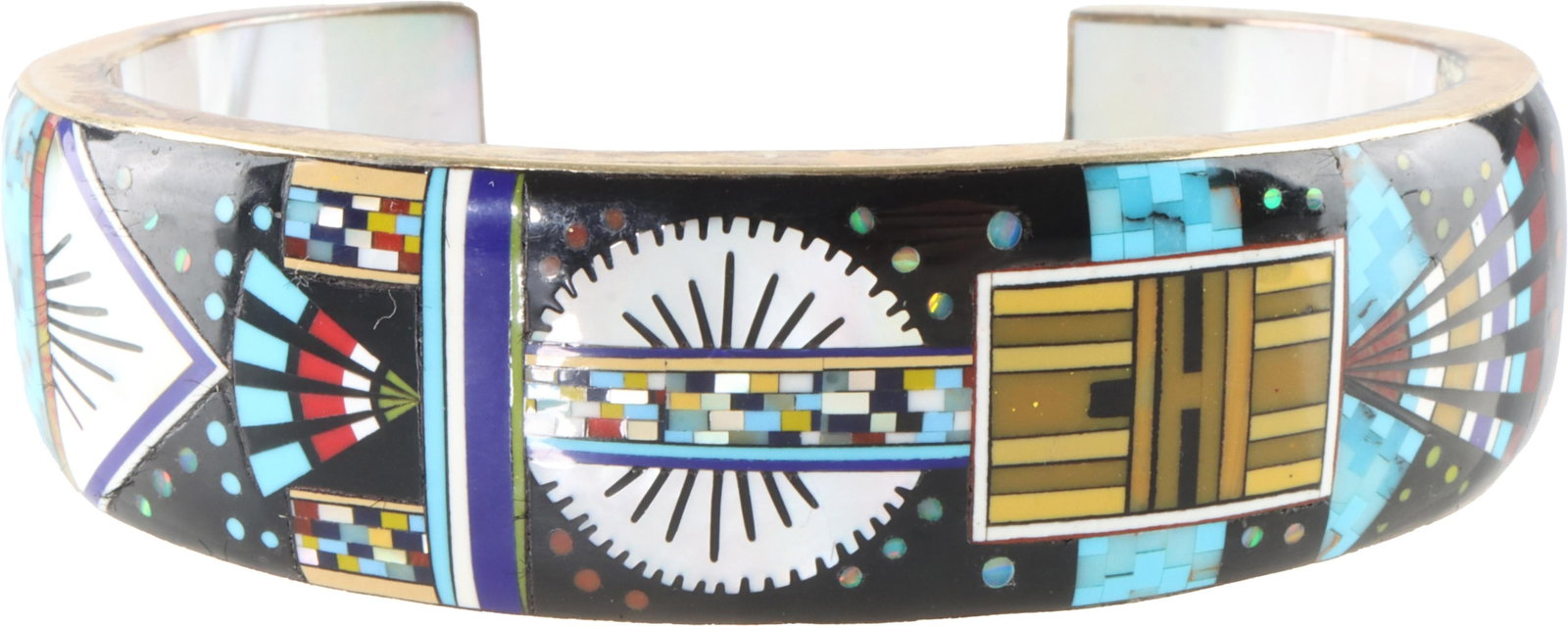 Southwest Native Inspired Cuff Glodove 14K Gold: Ronnie and Ramil Glodove artisan geometric pattern cuff after Zuni artists. Framework stamped 14K yellow gold and hand-signed 'RRG'. This design features a Zuni inspired roundel, re-imagined to resemb