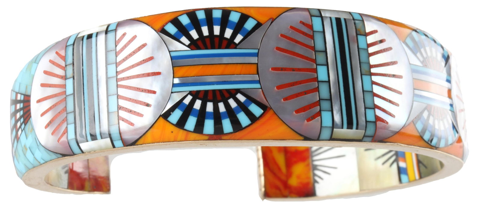 Zuni Inspired Turquoise Cuff Glodove 14K Gold: Ronnie and Ramil Glodove artisan geometric pattern cuff after Zuni artists. Framework stamped 14K yellow gold and hand-signed 'RRG'. Fully channel-inlaid on both sides with multicolored block-stone ge