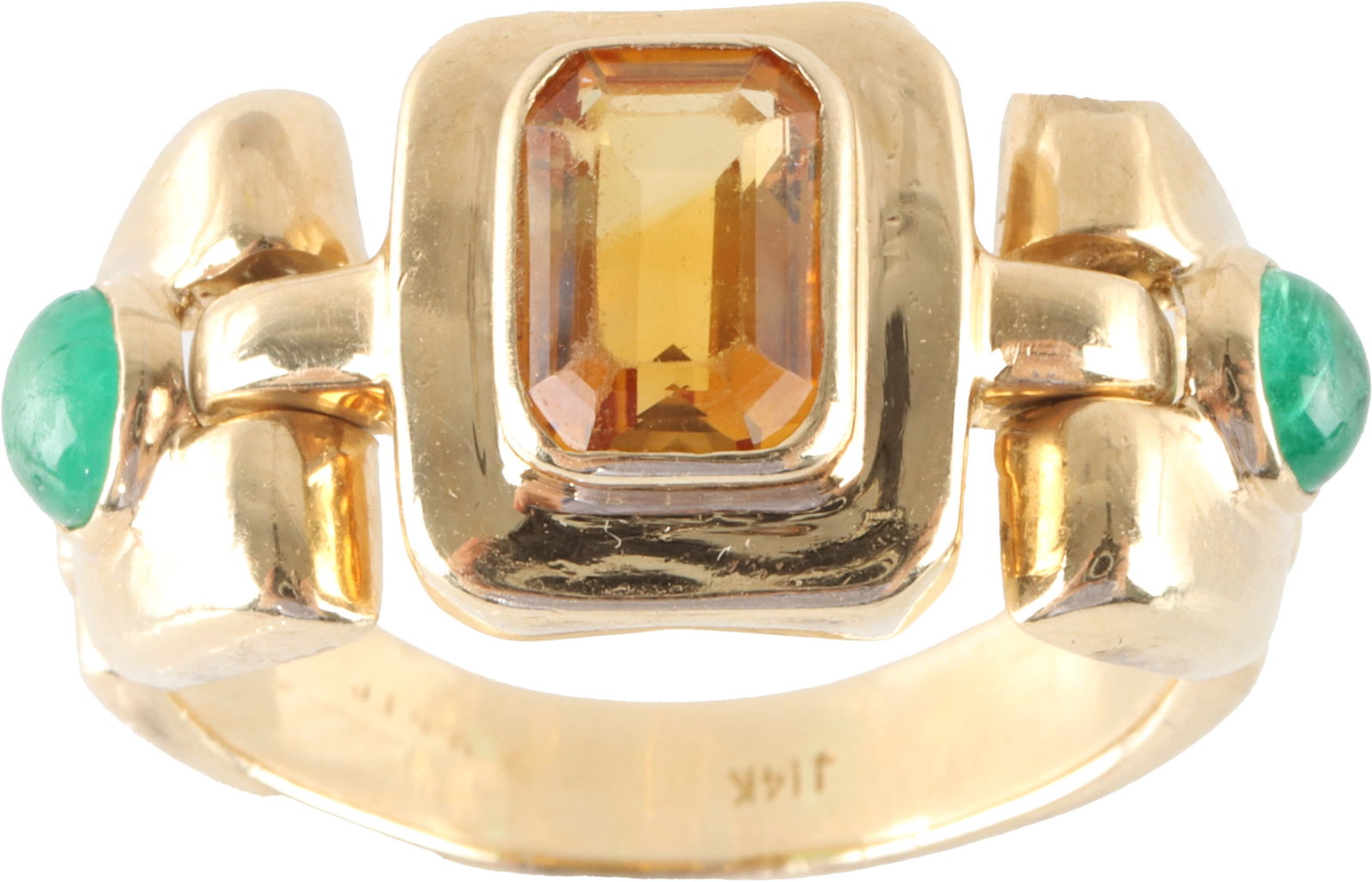 Emerald Citrine Hinged Flexible 14K Gold Ring: Stamped "14K" inside shank. Citrine measures 6.7x4.3 millimeters. Emeralds are cabochon cut. Each stone is set in independently hinged section of gold, making the ring flexible. Size 5.5 but flexibili