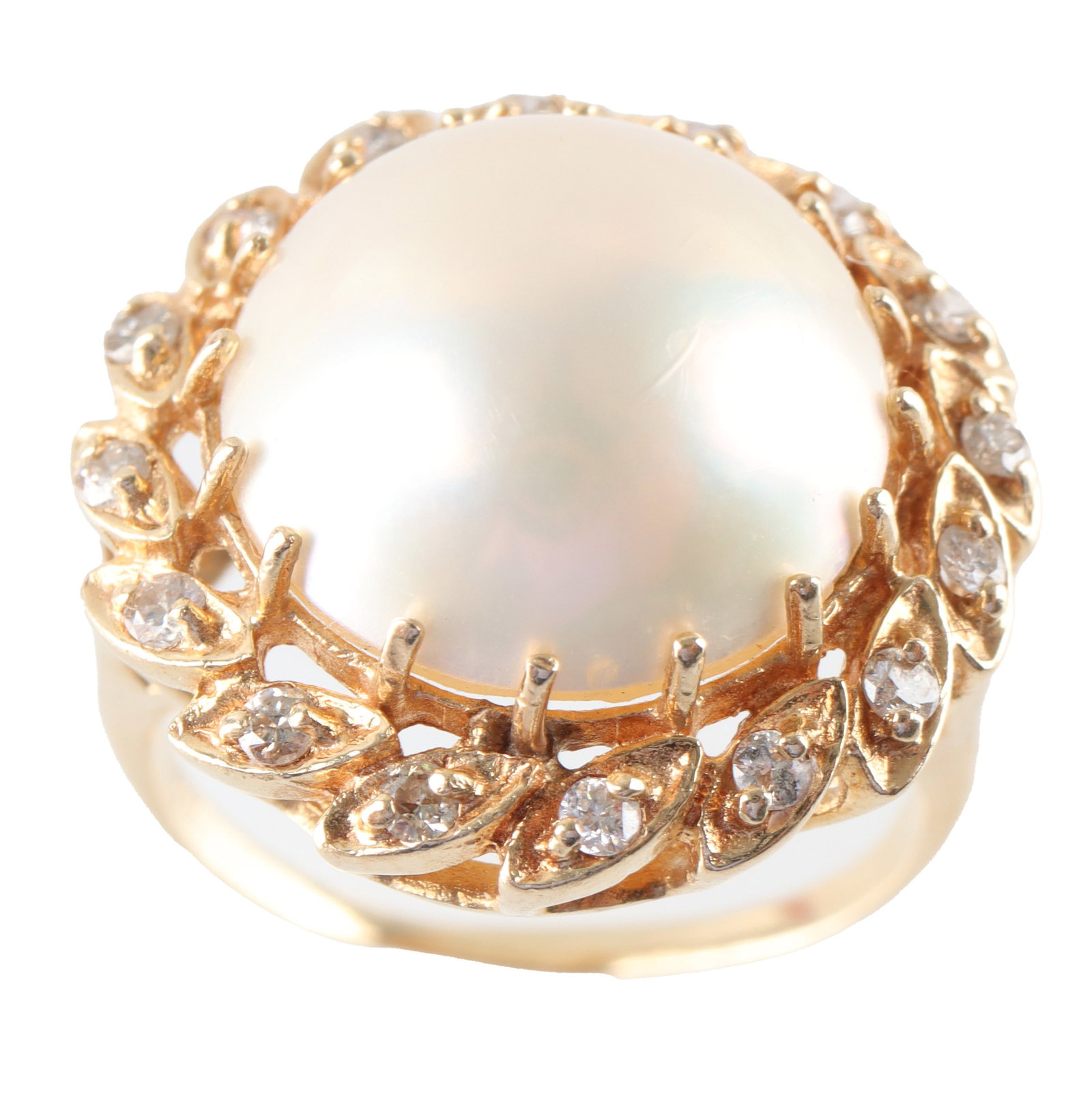 14K Gold Halo Set Mabe Pearl and Diamond Ring: Mabe pearl in 14kt gold halo setting. The pearl measures approximately 14.5 X 8mm. Diamonds measure 1.75mm. Total weight is 5.2 grams. Size 6.5. Stamped 14K. | This lot has a reserve.