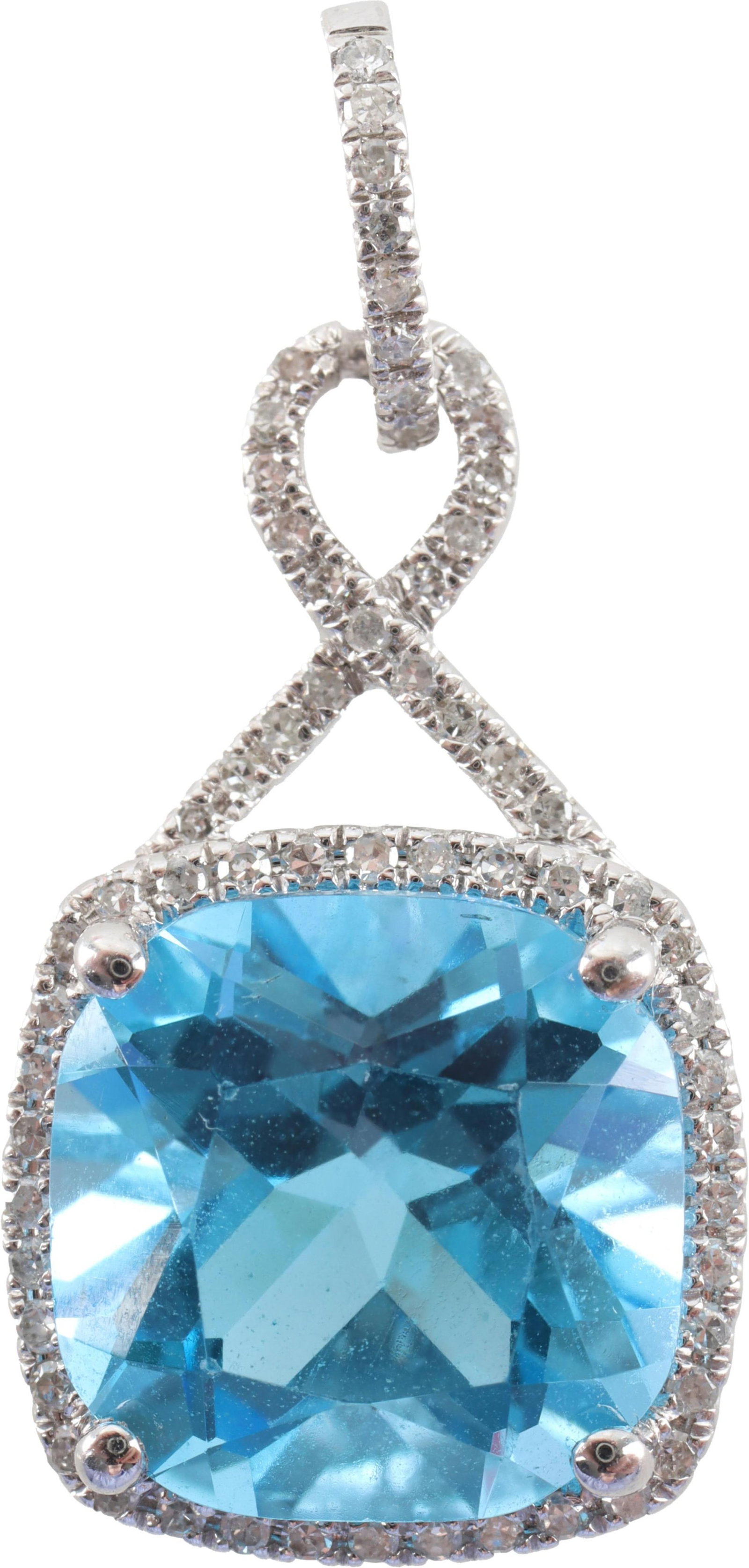 5.85 CT Blue Topaz Diamond Pendant 14K White Gold: Topaz measures 11 millimeters in width. Diamonds are single point. pendant measures 1 inch from bail to bottom of diamond halo. Stamped "14K" on reverse of pendant. Perfect for December birthstone. | 