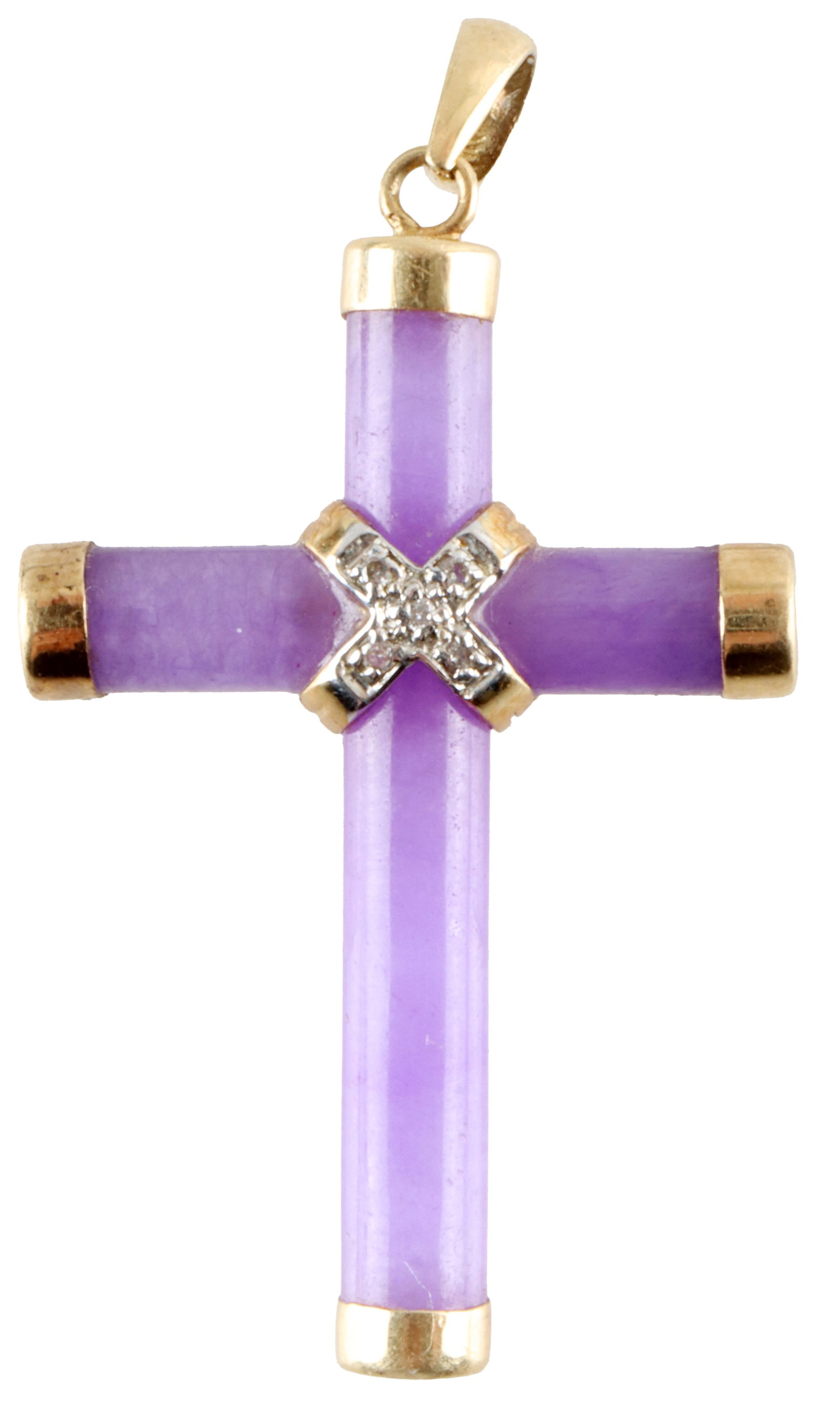 Purple Jade Diamond Cross Pendant 14K Yellow Gold: Stamped "14K" inside bail. Diamonds are single point. Pendant measures 1.5 inch from bail to base of cross. | This lot has a reserve.