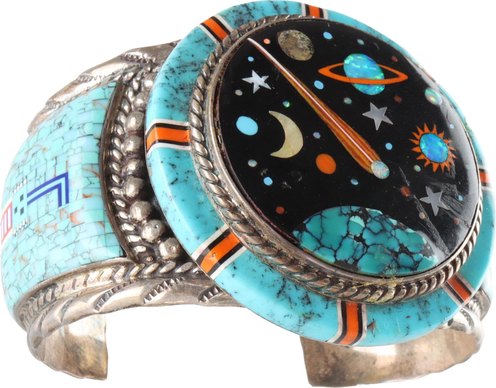 Southwest Style Sterling Silver Cuff Lumbab: A Zuni-inspired Filipino silver cuff bracelet with gemstone inlay; features a space scene with stars and planets made from mother of pearl, opal, and turquoise. Edges are embellished with braid and ci