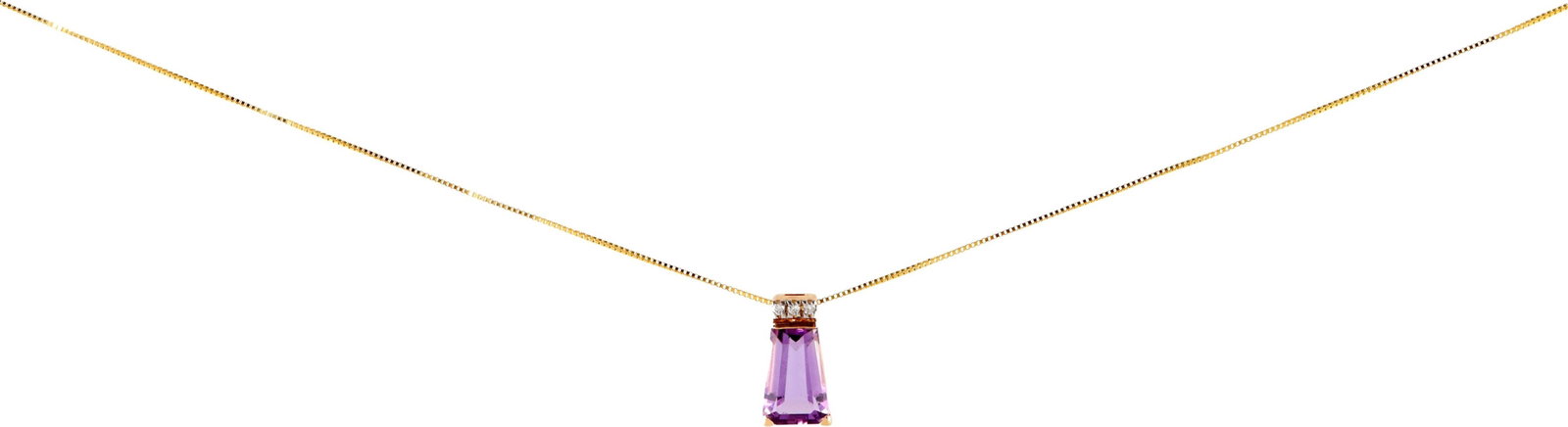 Amethyst Diamond 14K Gold Necklace 18" Van Dell: A 14K yellow gold Van Dell necklace with three 1 mm white diamonds and an amethyst center stone, all prong-set. Amethyst measures approximately 10.5 mm x 5.92 mm x 5.3 mm and weighs approx. 2 ct/0.4 g