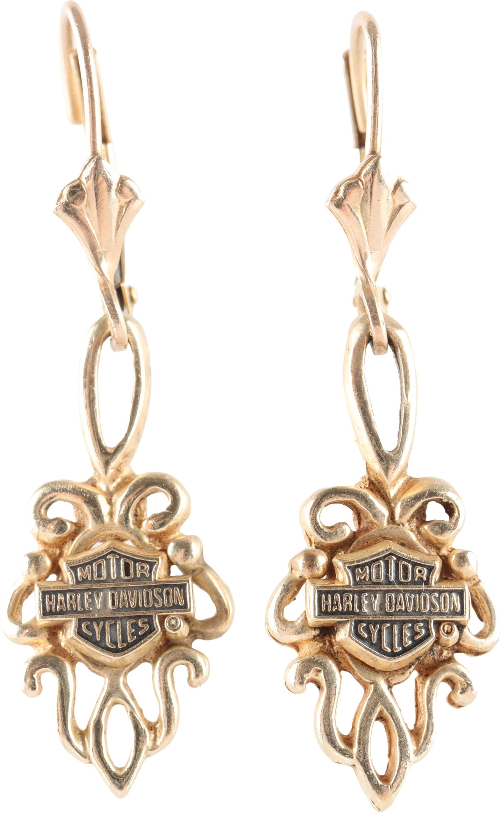 Harley Davidson Motor Cycles Earrings 10K Gold: 10K yellow gold Harley Davidson Motor Cycles lever back earrings. Measure just under 1.5 inches from post to bottom. | This lot has a reserve.
