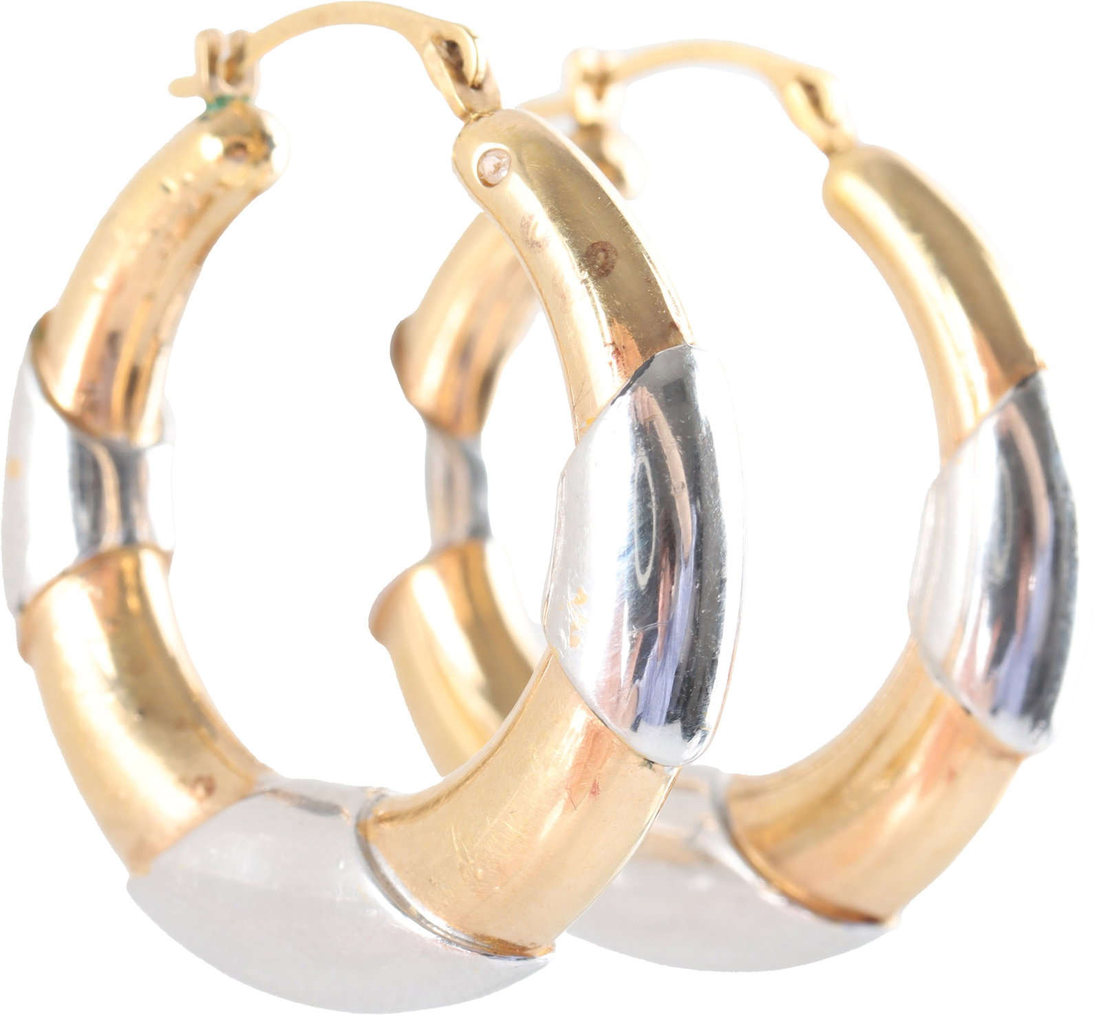 Two Tone Hoop Earrings 1 Inch 14K Gold: Stamped "14K" on post. White and yellow gold earrings are hollow to keep them light for comfort. | This lot has a reserve.
