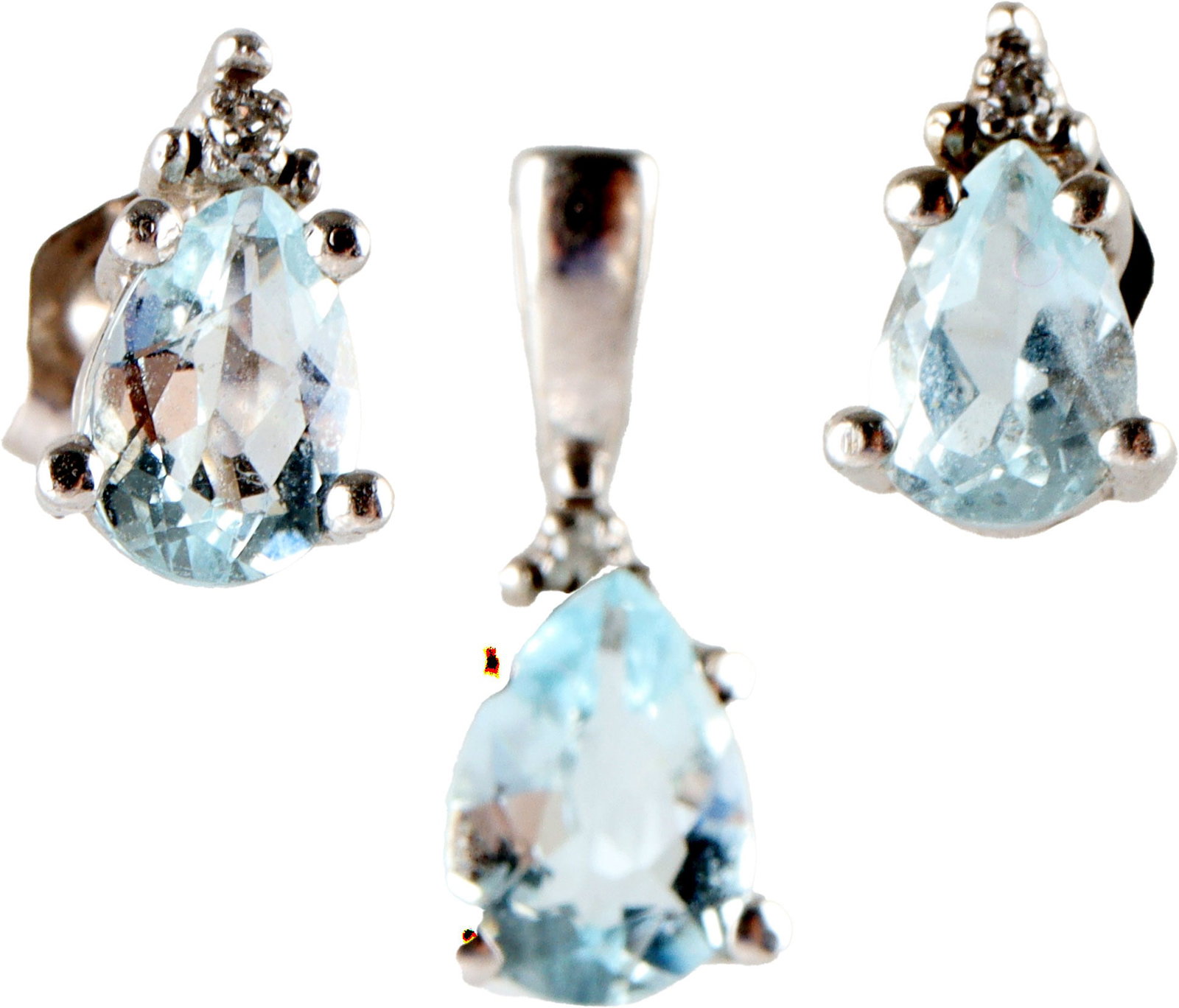 Aquamarine Diamond Earring Pendant Set 10K Gold: All Stamped "10K". Diamonds are single point. Aquamarines on earrings measure 6x4 millimeters, pendant aquamarine measures 7x4.5 millimeters. Pendant measures .5 inch in length,. | This lot has a rese