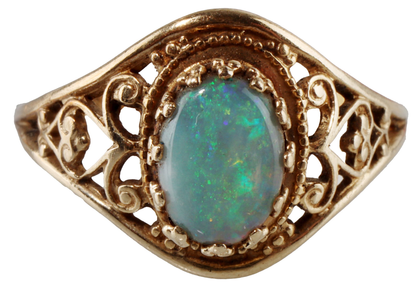 10K Gold Ring with Opal Gem October Birthstone: A vintage 10K gold ring, stamped with maker's mark, '10K PSCO-P' on inside of band. Features a prong-set, oval-shaped opal center stone; opal is the birthstone for October. Ring size 5 1/2. Weighs 7.5
