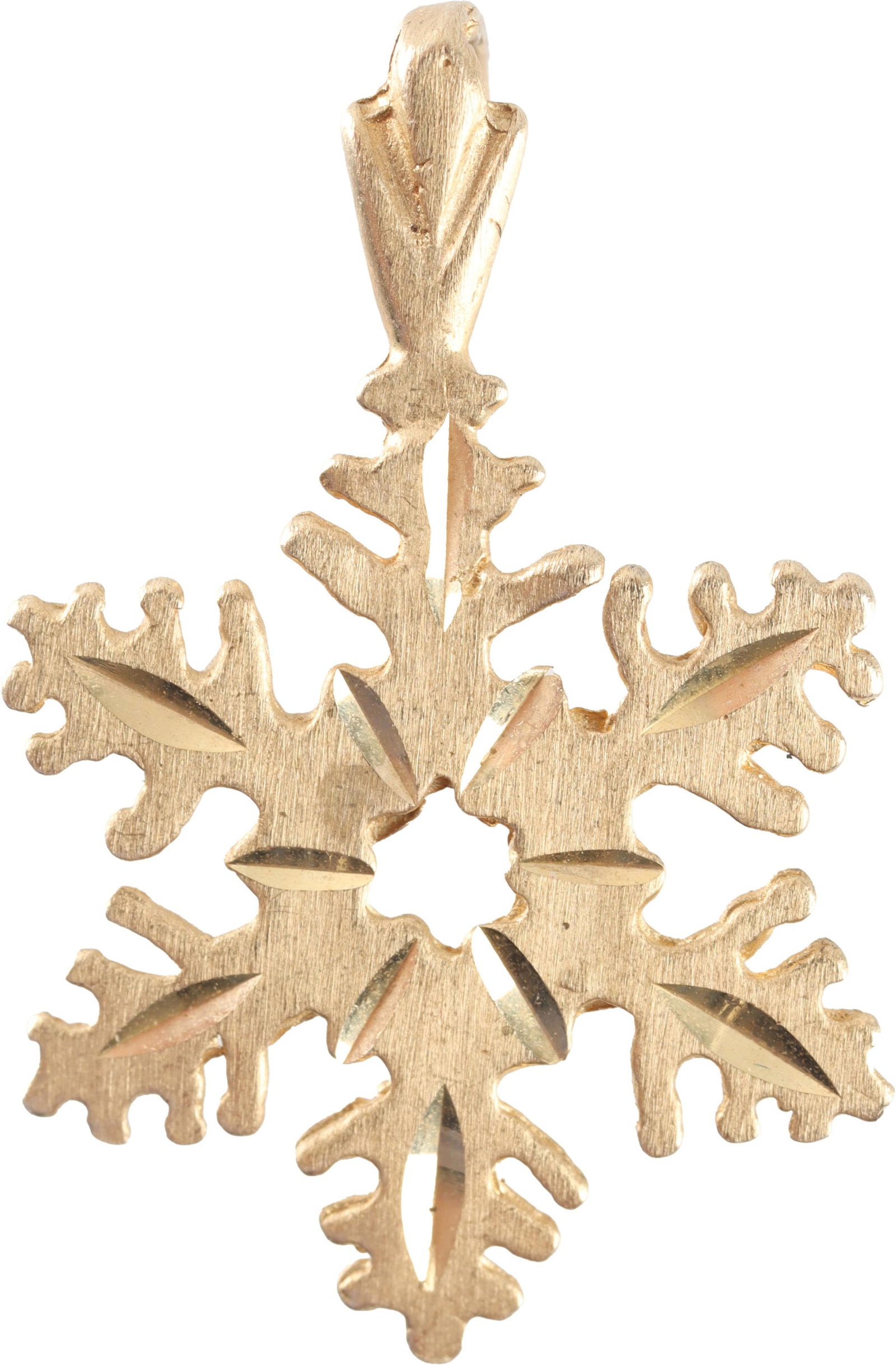 14K Yellow Gold Snowflake pendant: Weighs .9 grams. It measures 21.3mm/.75 inch. | This lot has a reserve.