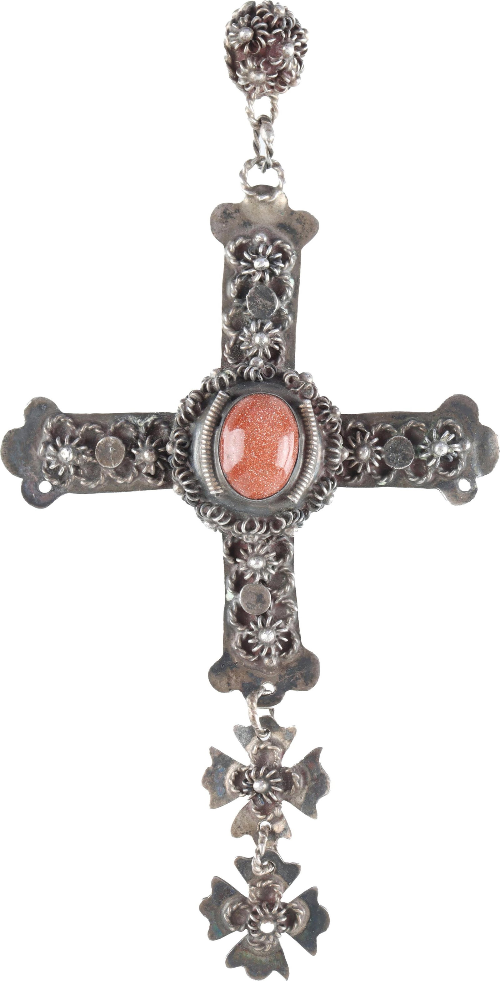 Vintage Sterling Silver Mexican Cross Pendant: Vintage, ornate silver cross pendant with an inset goldstone. Stamped Sterling silver, marked on reverse side with 'TAXCO MEXICO 925' around an 'SRS.' Pendant is approximately 4" x 2" (including 3/8" 