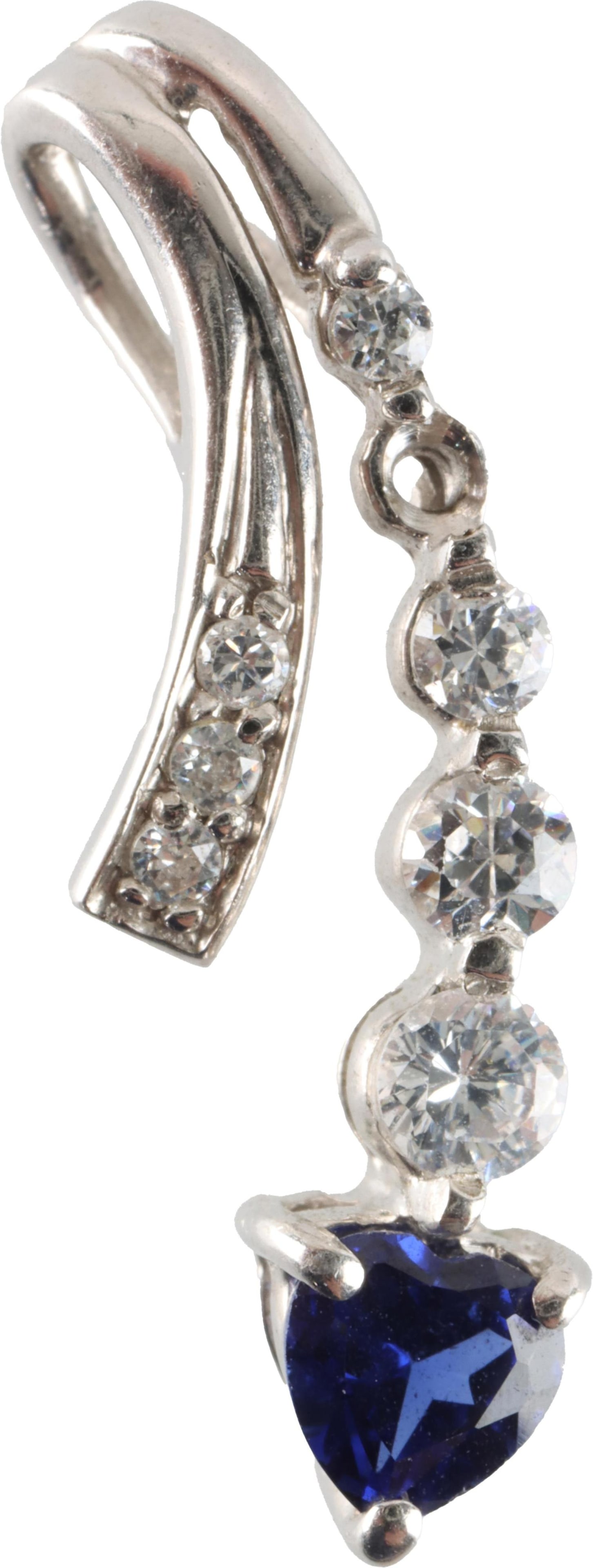 10K White Gold Sapphire and CZ Pendant: 10KT white gold cubic zirconia and heat treated sapphire. It measures 22mm or 7/8 inches. It weighs .9 grams. Marked 10KT and "CZ". | This lot has a reserve.