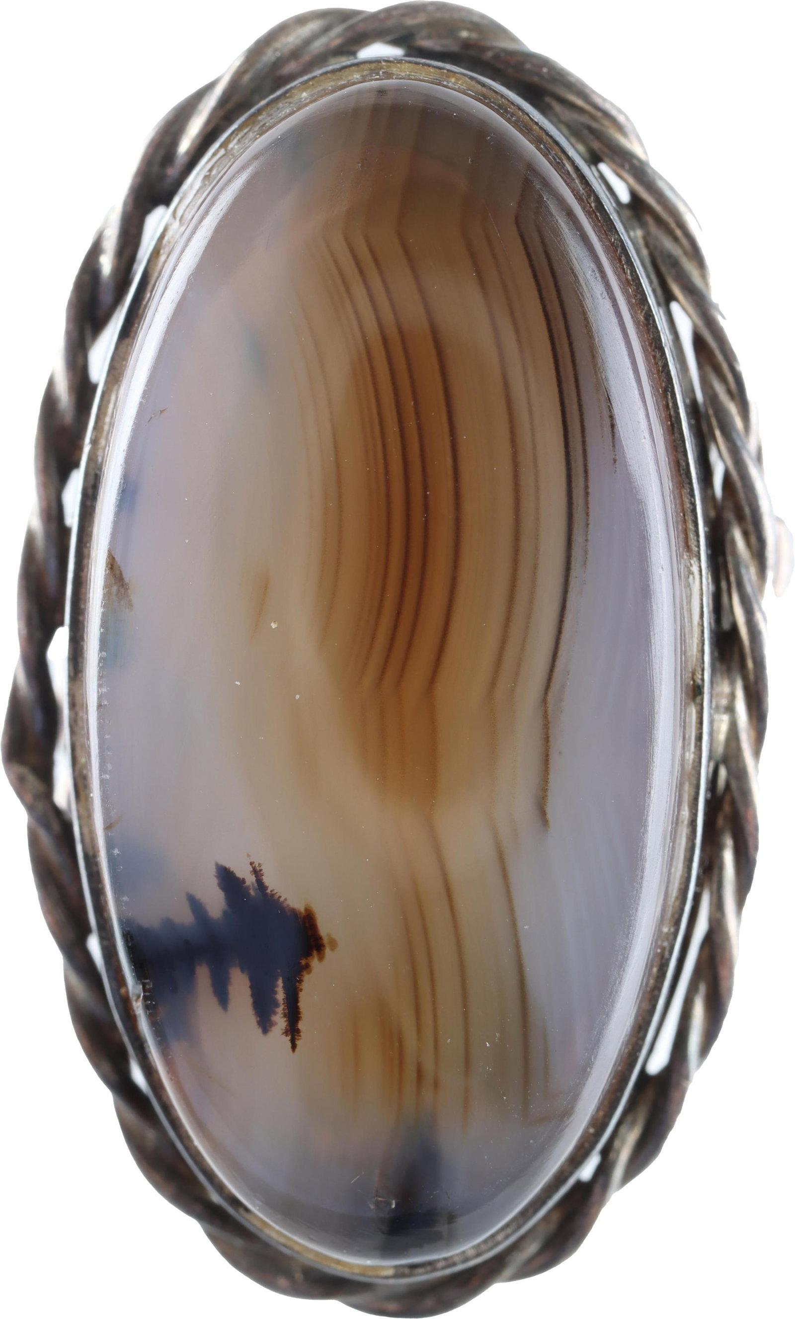 Vintage Sterling Silver Ring Agate Jewelry Size 6: A silver ring with a large, oval gemstone (dendritic agate, set) measuring approximately 1 3/8" x 1". Gemstone features beautiful mineral inclusions. Marked Sterling on reverse side. Ring size 6. Weig