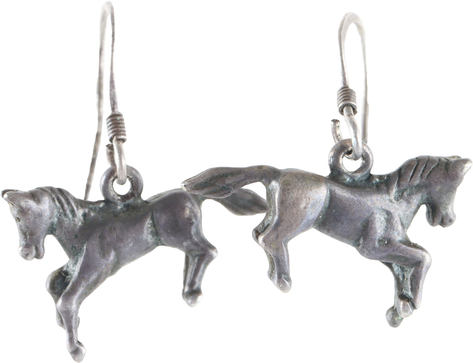Vintage Earrings Western Horse Jewelry Equestrian: A pair of three-dimensional earrings with hook backs and dangles shaped like cantering horses. Unmarked; construction likely pewter or nickel. Total weight approximately 4.98 grams. | This lot has a r