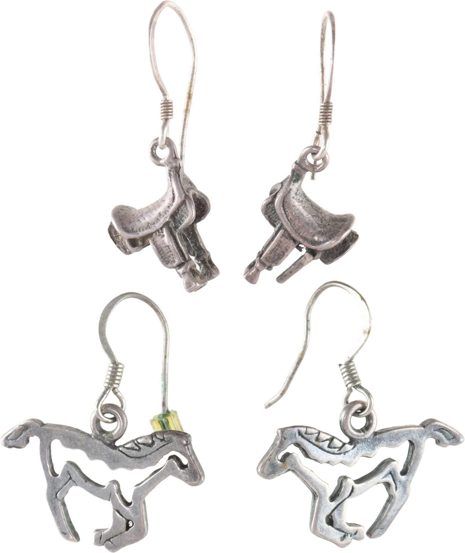 Vintage Western Horse Earrings Lot of 2 Pairs: A lot of two (2) pairs of silver, hook-backed western-themed earrings. One pair features dangles in the shape of a running horse's outline, while the other pair has dangles in the shape of horse saddl