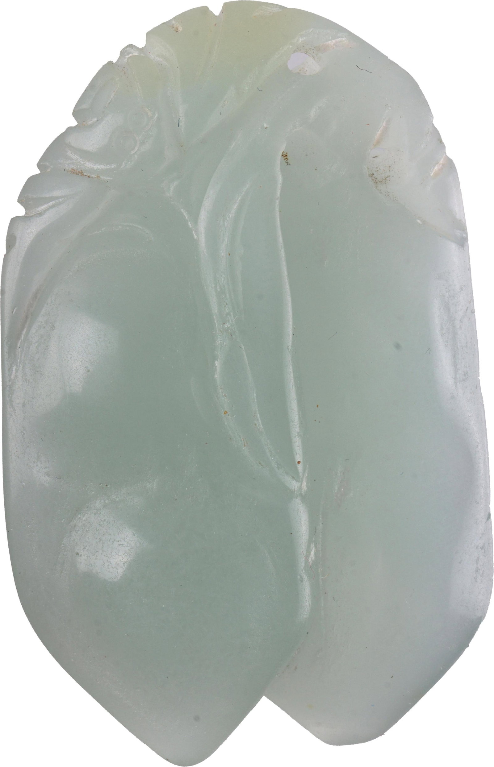 Vintage Carved Jadeite Pendant: A jade pendant carved into two pointed sections, each side featuring a distinct motif. One side depicts a mushroom-shaped figure, while the opposite side shows a stylized tree. Both sides include rais
