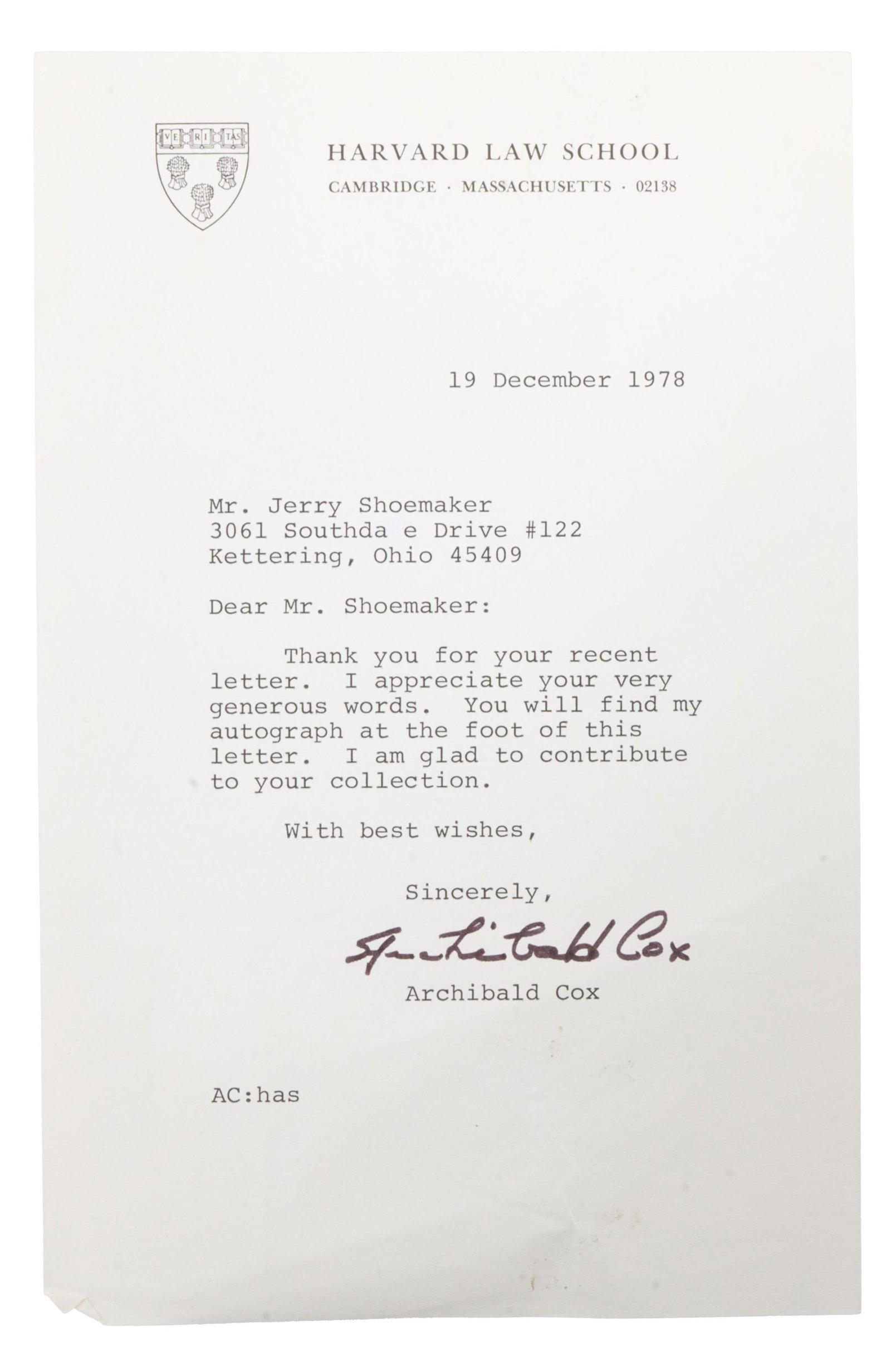 Archibald Cox Signed Letter Watergate (1 of 2)