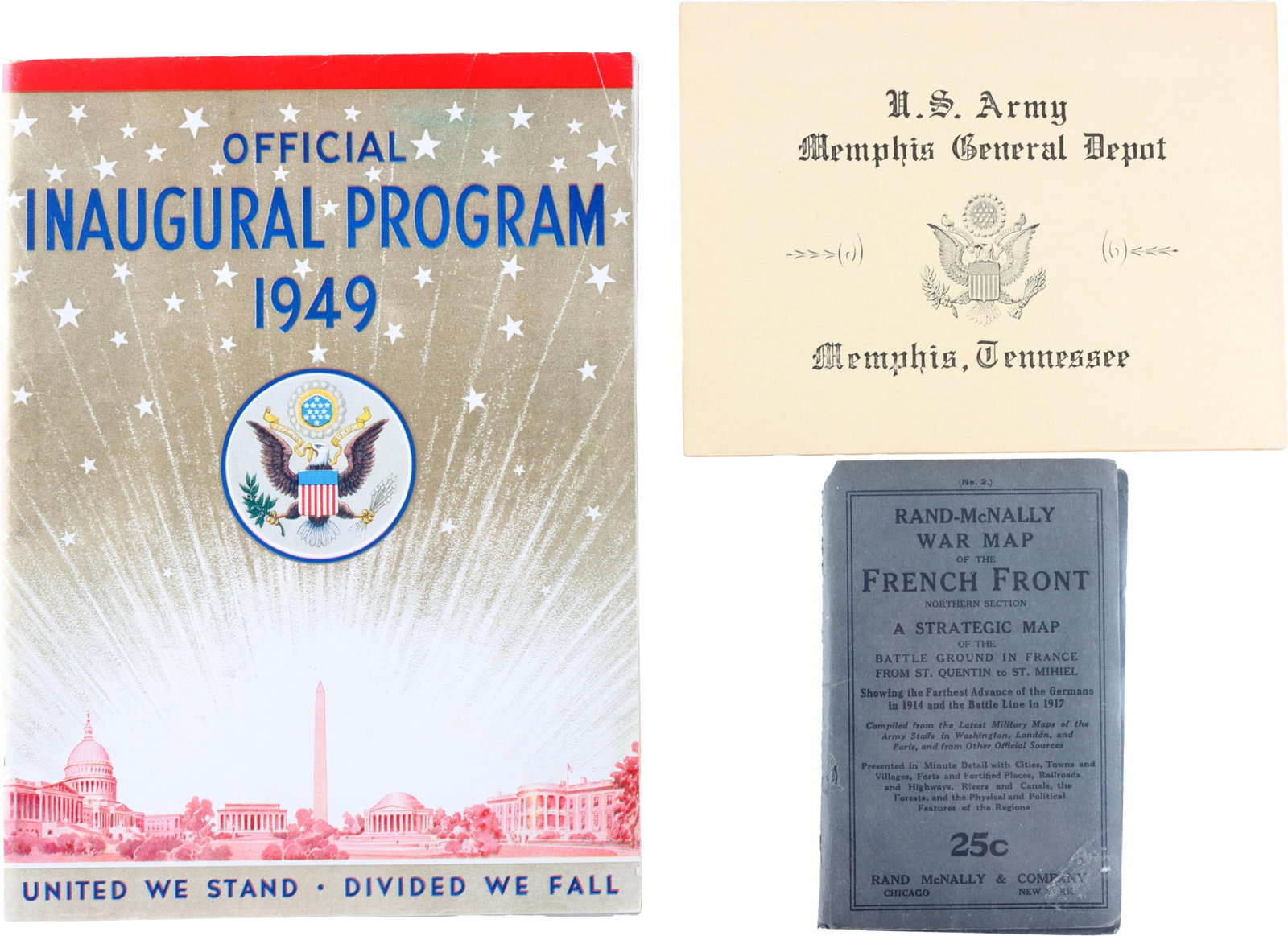 American Mid-Century Paper Ephemera Lot of 3: A collection of three (3) paper ephemera from mid-century United States. 1) A small pamphlet book about the US Navy, from Rand McNally. 60 pages. 2) 1949 Truman Inauguration program. 3) An enveloped p