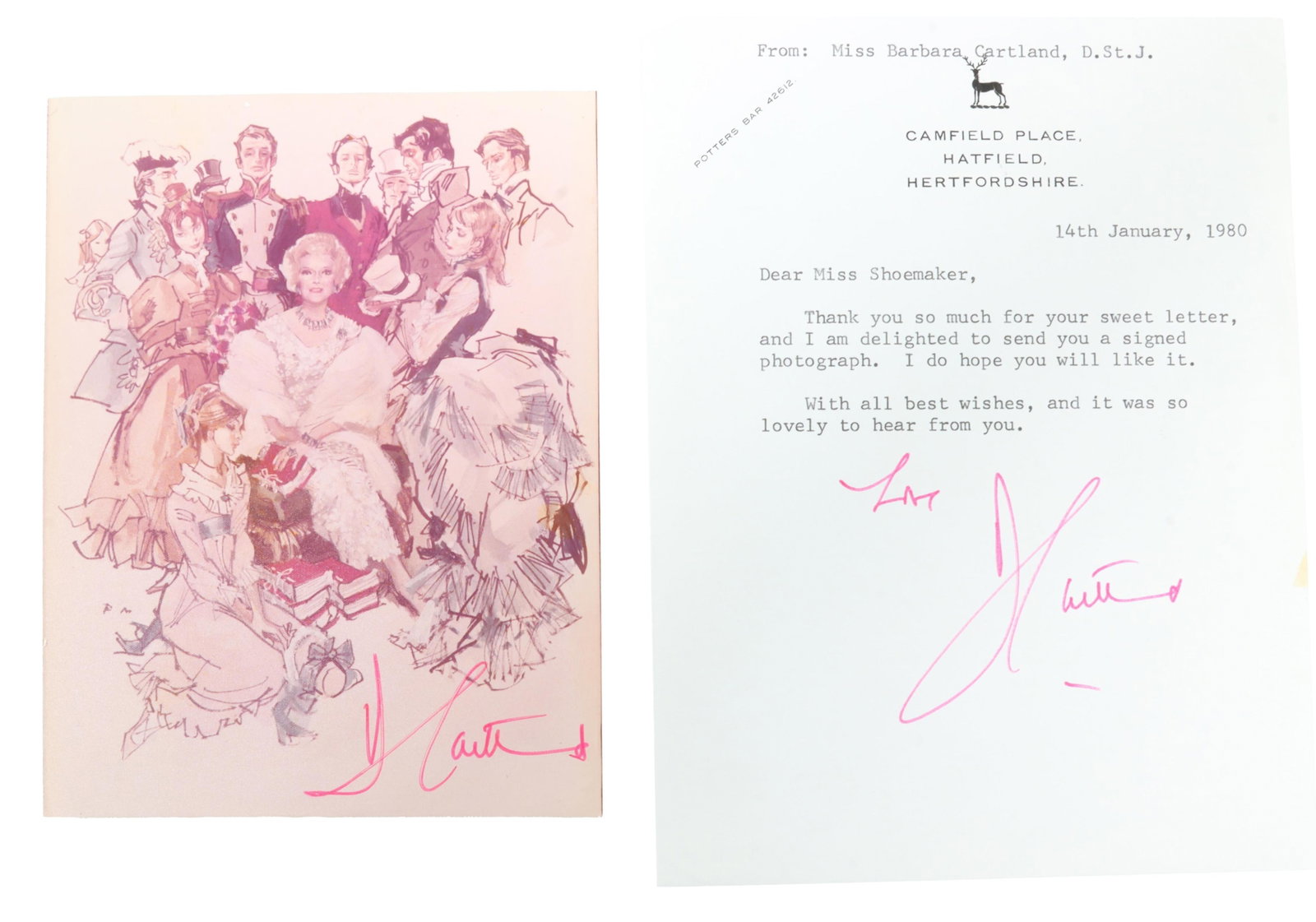 Barbara Cartland Signed Image and Letter Lot of 2: A signed image and letter from Barbara Cartland, one of the most prolific and best selling English writers of the twentieth century. This example has been compared to known historical examples and has