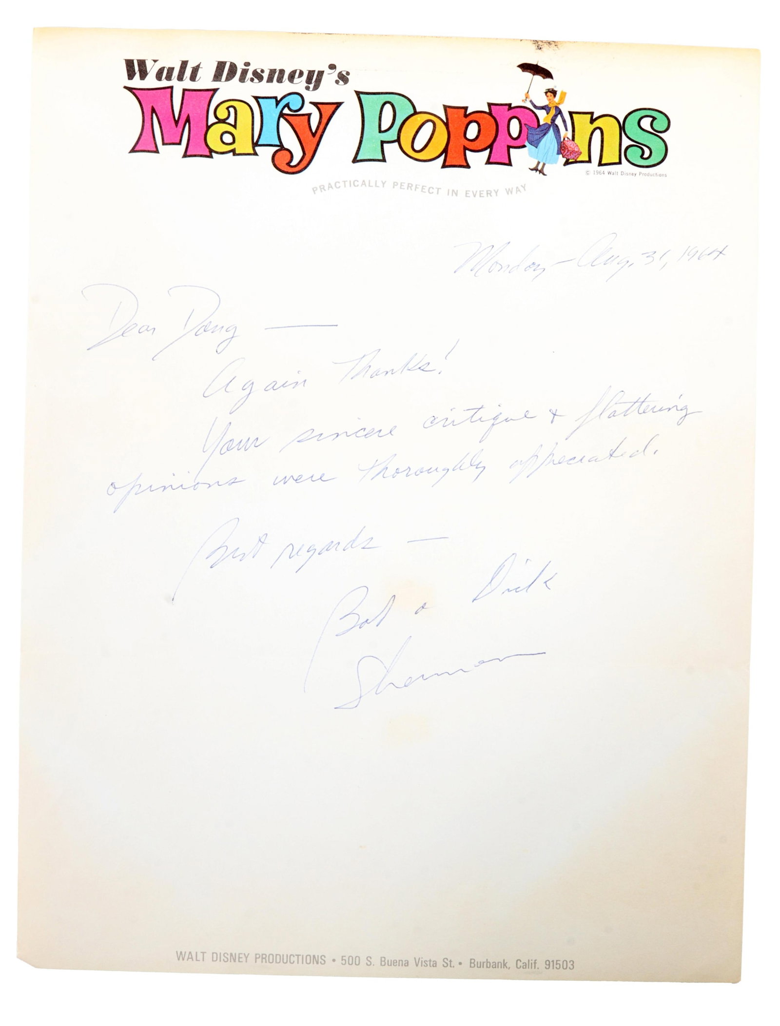 Sherman Brothers Letter on Mary Poppins Letterhead (1 of 3)