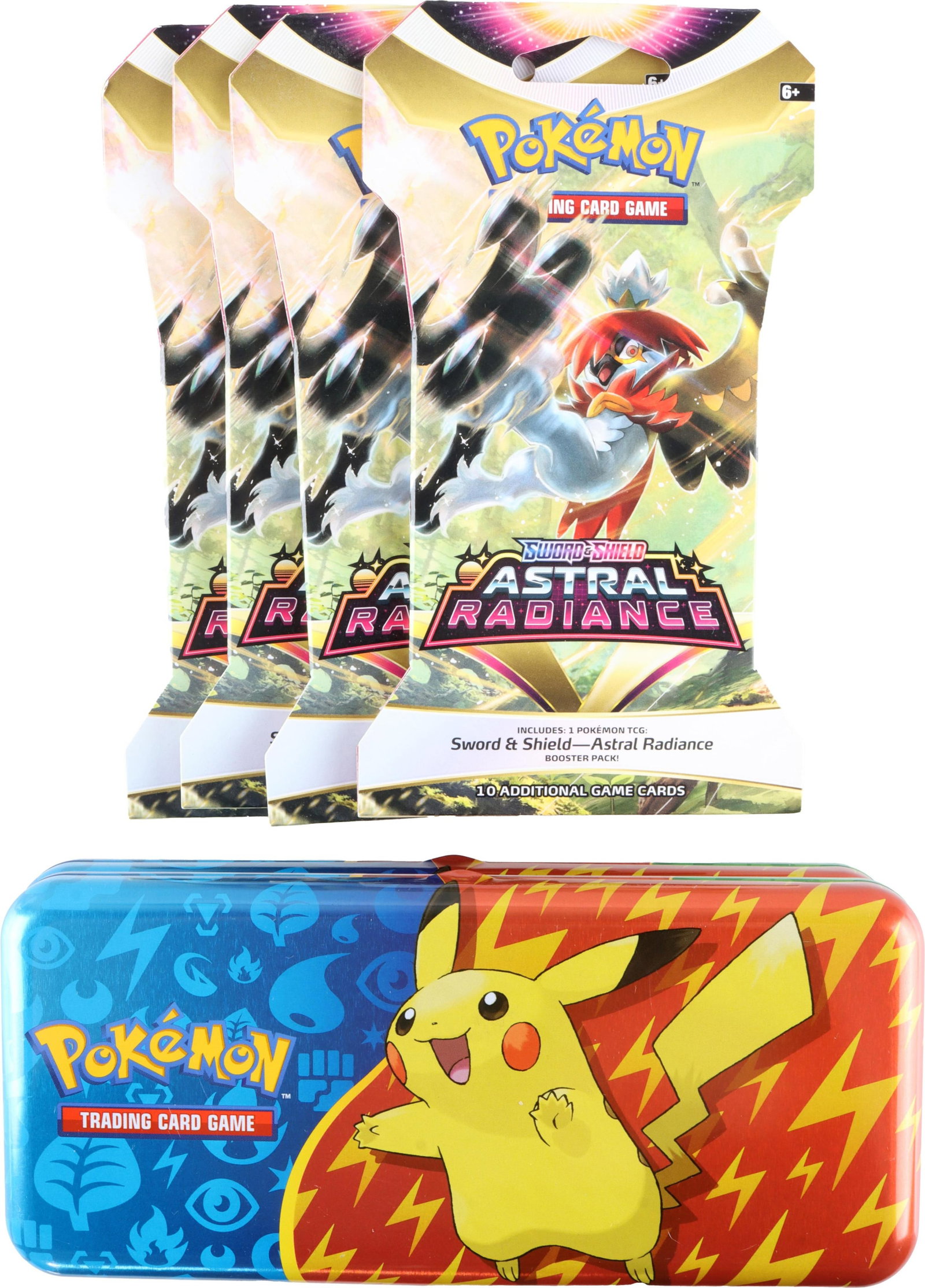 Pokemon Astral Radiance Booster Pack Lot of 4: Pokemon Trading Card Game Cards. FOUR (4) Sword & Shield: Astral Radiance Booster Packs. 10 Game cards each. Additionally includes a 2023 Pokemon TCG Back to School pencil case & unsearched cards.